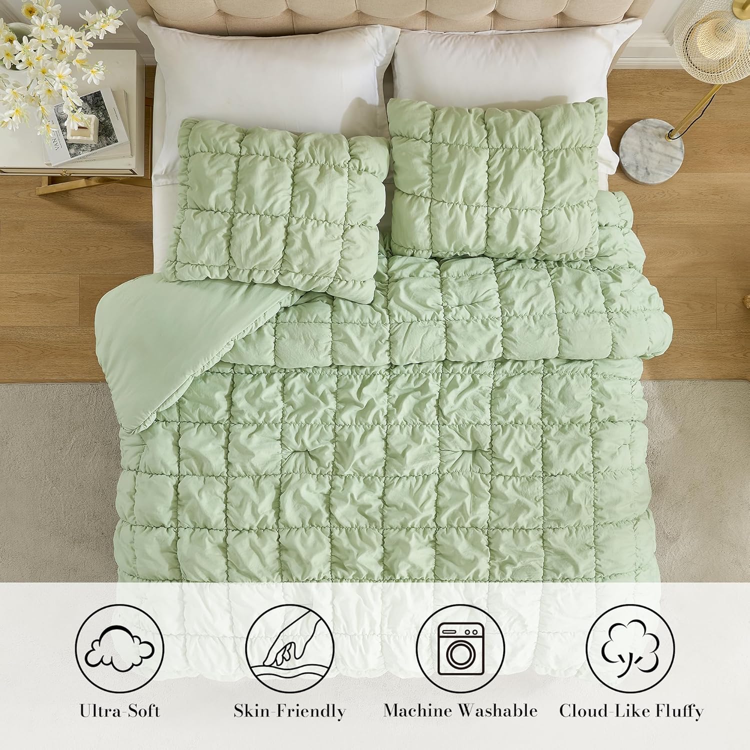 Amélie Home Queen Comforter Set, 3 Pieces Sage Green Bubble Bedding Set for All Season, Ultra Soft Cozy Comforter, Farmhouse Luxury Gift for Women Home Decor - Image 3