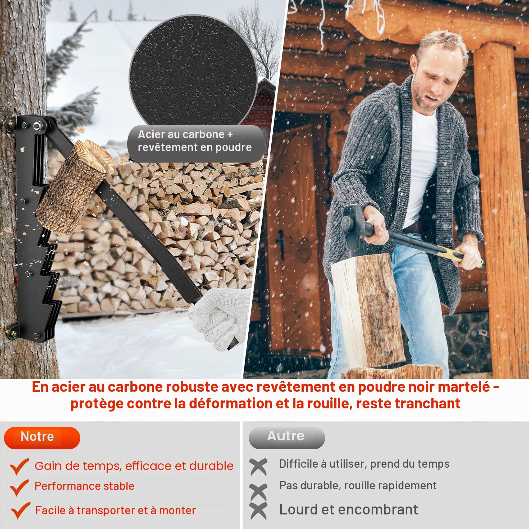 YRHome Fendeur de bois manuel, fendeur de bois à allumage facile, montage mural, fendeur de bois mural, fendeur manuel de bois, scie à copeaux, fendeur d’allumettes pour bois tendres avec gants
