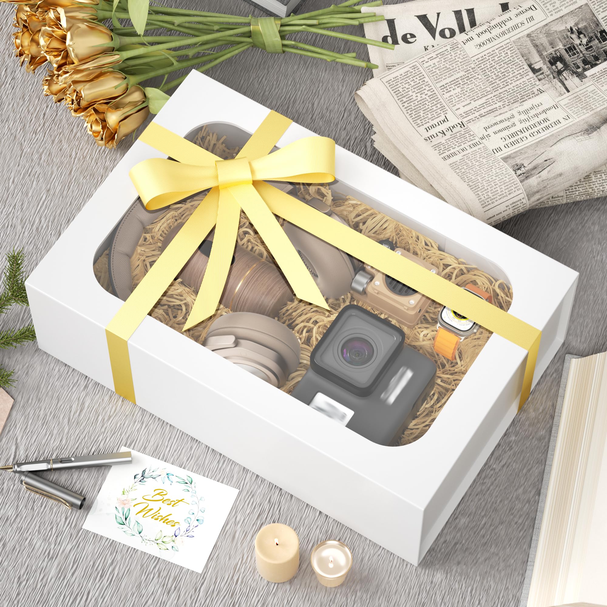 Boîte Cadeau Blanche Avec Couvercle Magnétique – 20.6x20.3x10.2 Cm, Ruban Inclus, Pliable, Idéale Cadeaux Mariage, Anniversaire
