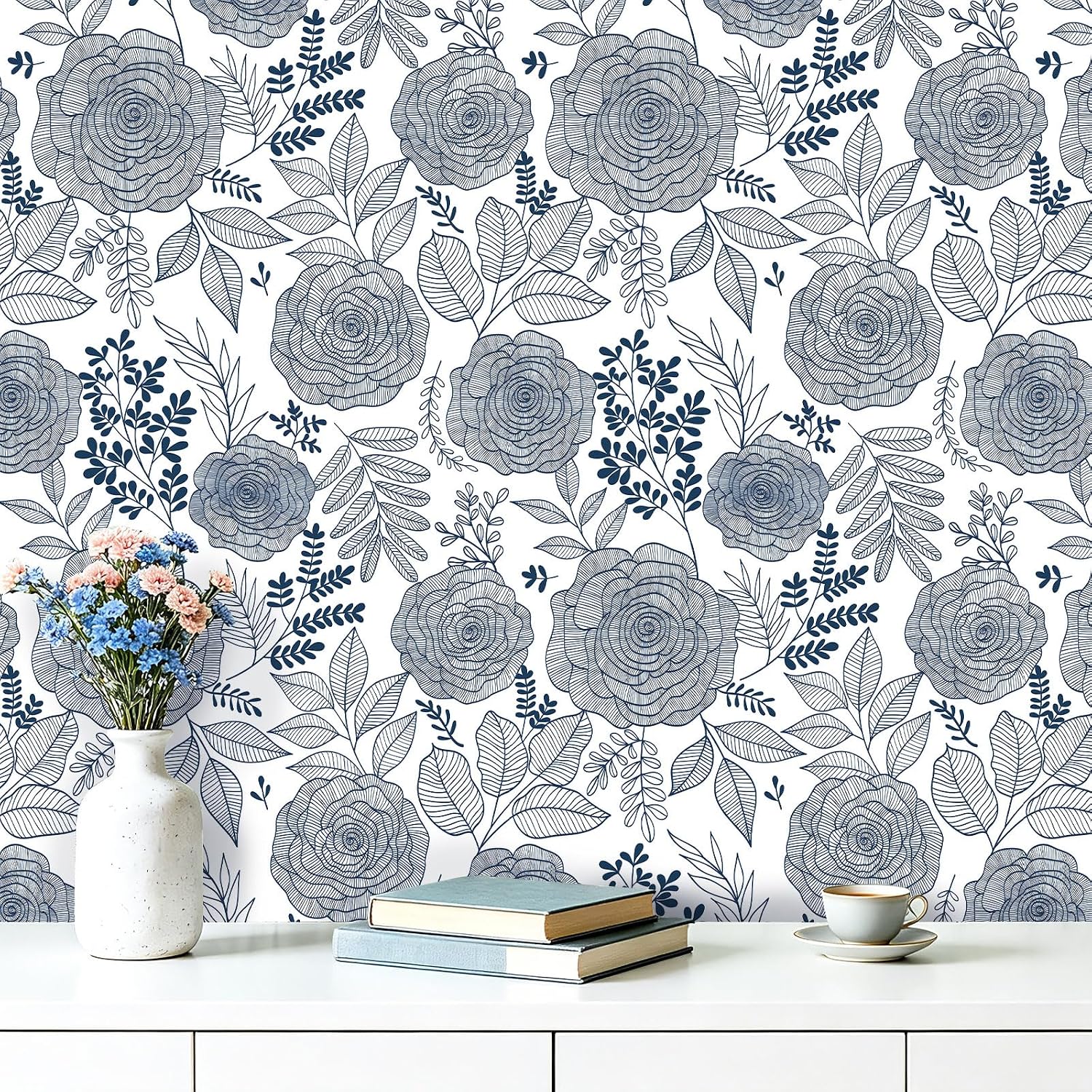 ICOOP Navy Peel and Stick Wallpaper Floral Contact Paper Blue 17.5"x276" Coastal Blue and White Flower Botanical Kitchen Wallpaper Boho Contact Paper Floral for Kitchen Cabinets Accent Wall Decor