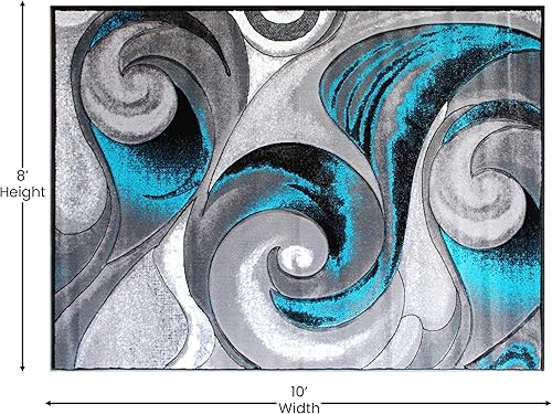 Miniatura 2 de EMMA + OLIVER Alfombra decorativa de olefina, diseño abstracto de ondas en turquesa, 8 x 10 pies, efecto 3D esculpido a mano, fibras suaves que no