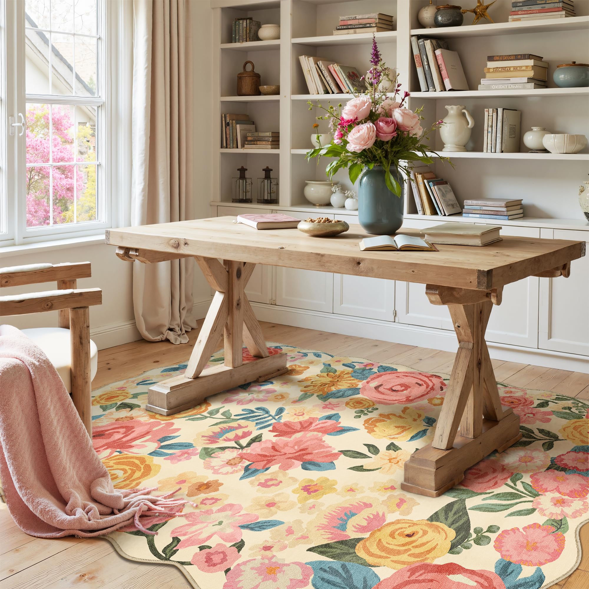 HUGEAR Beige Teppich Wohnzimmer Blumenmuster 120x170cm Schlafzimmer Blumen Boho Neutral Moderner Weich rutschfest Waschbarer Groß Teppiche Wohnzimmer Esszimmer BüRo Innen Kurzflor Carpet