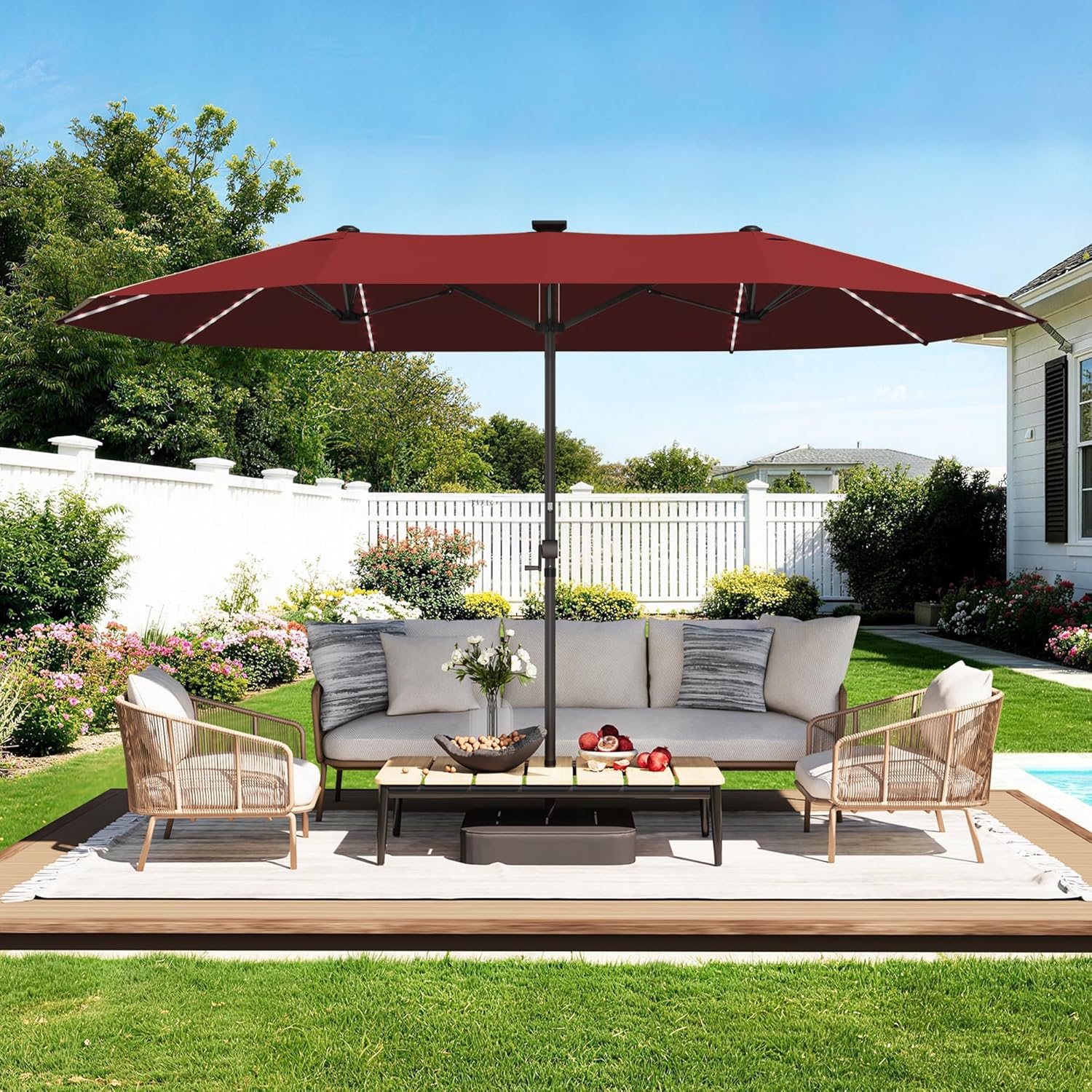 15ft Rectangular Patio Umbrella with Solar LED Lights, Double-Sided Outdoor Market Umbrella with Base Included, Extra Large Shade for Pool, Deck, Backyard, Garden, Burgundy