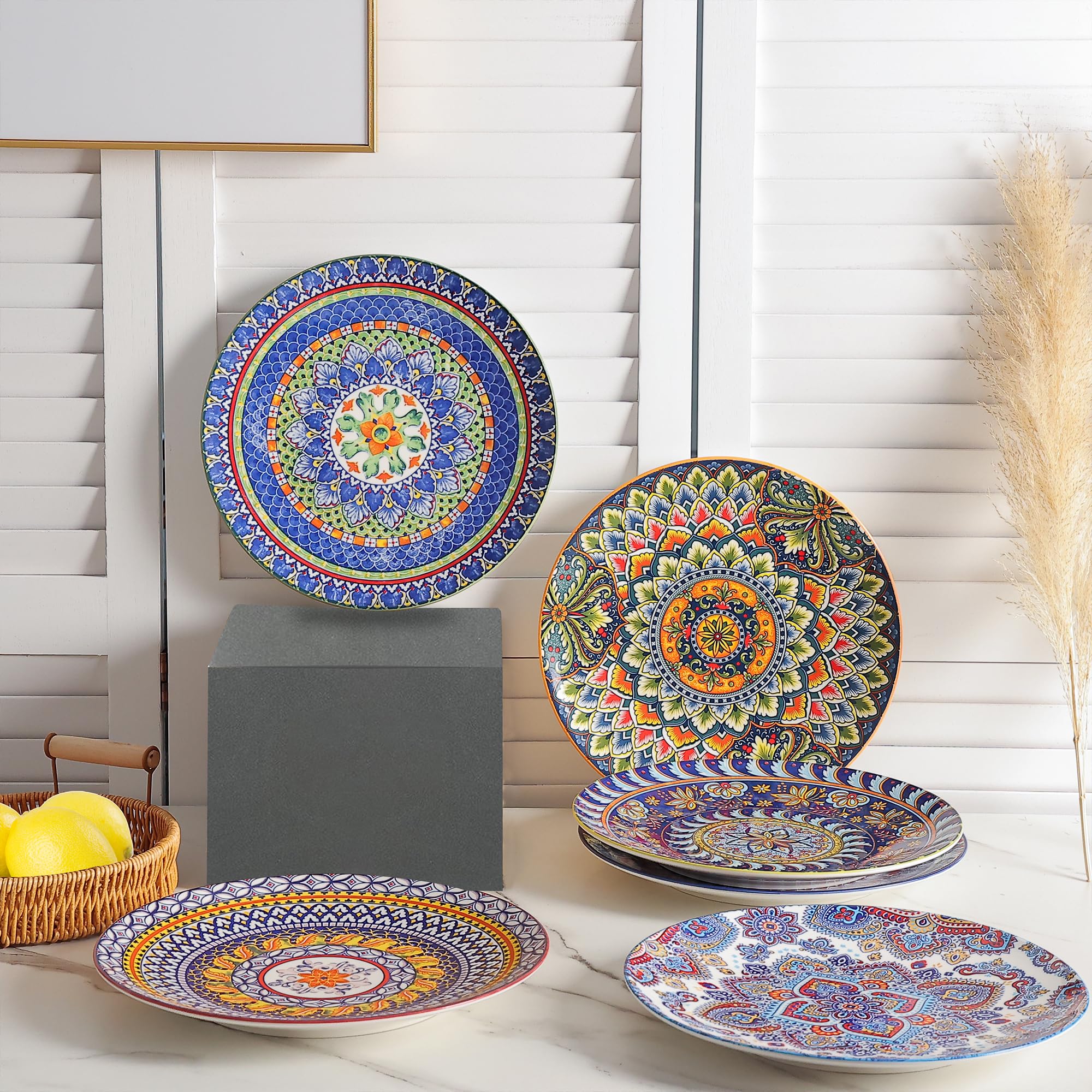 Juego de 6 platos de cocina de porcelana bohemia de 10.5 pulgadas, platos grandes de cerámica para servir platos para cocina y fiesta, aptos para microondas, horno, lavavajillas