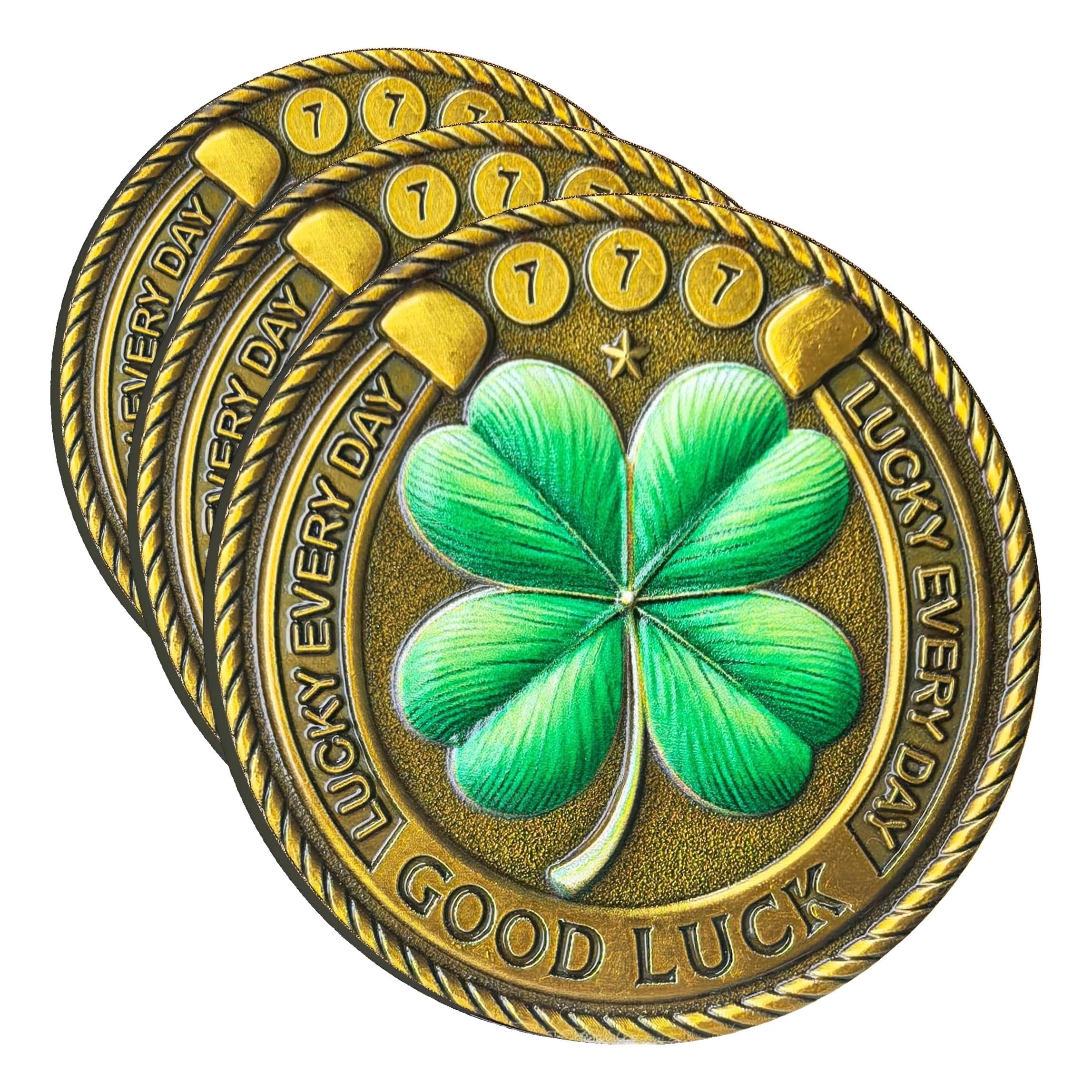 Good Luck Coin with Four Leaf Clover &amp; Elephant – Motivational Lucky Charm for Prosperity and Success, Lottery Ticket Scratcher Tool (Pack of 3)