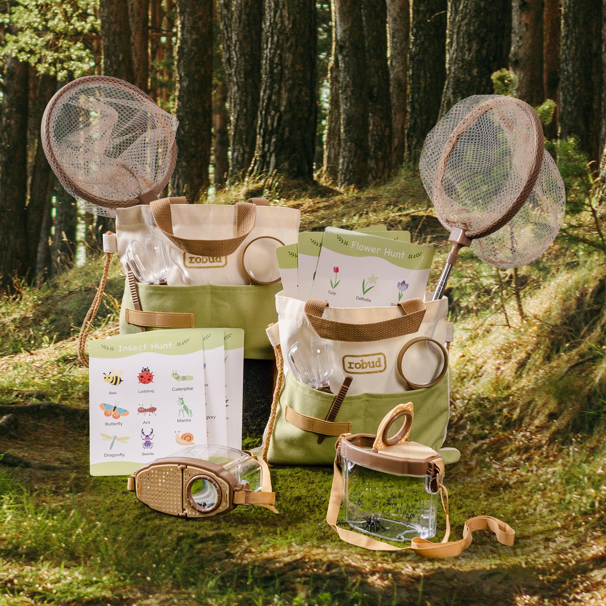 ROBUD Kids Outdoor Explorer Kit, Bug Catching Adventure Set with Butterfly Net, Magnifying Glass, Kids Binoculars, Bug Container, Carry Bag, Educational Toys Gift for Toddler Ages 3+
