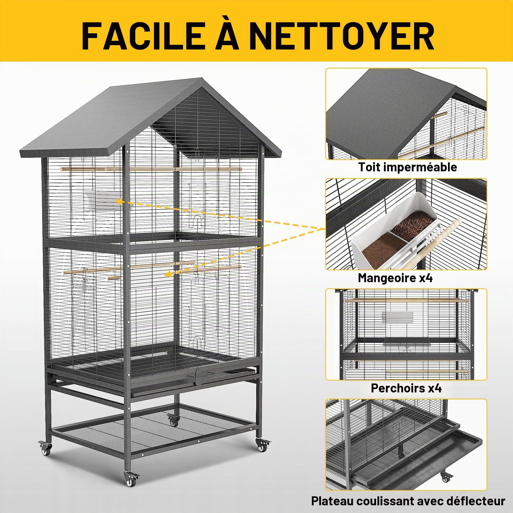 Grande cage à oiseaux en métal de 166 cm avec roues, 4 mangeoires en métal, perchoirs en bois et étagère