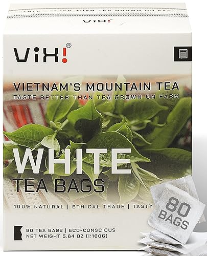 VIXI Bolsas de té blanco, 80 unidades, té de montaña de Vietnam, peonía, Te Blanco, saborizado, buena tierra, aroma, cafeinado, sin etiqueta, 100%