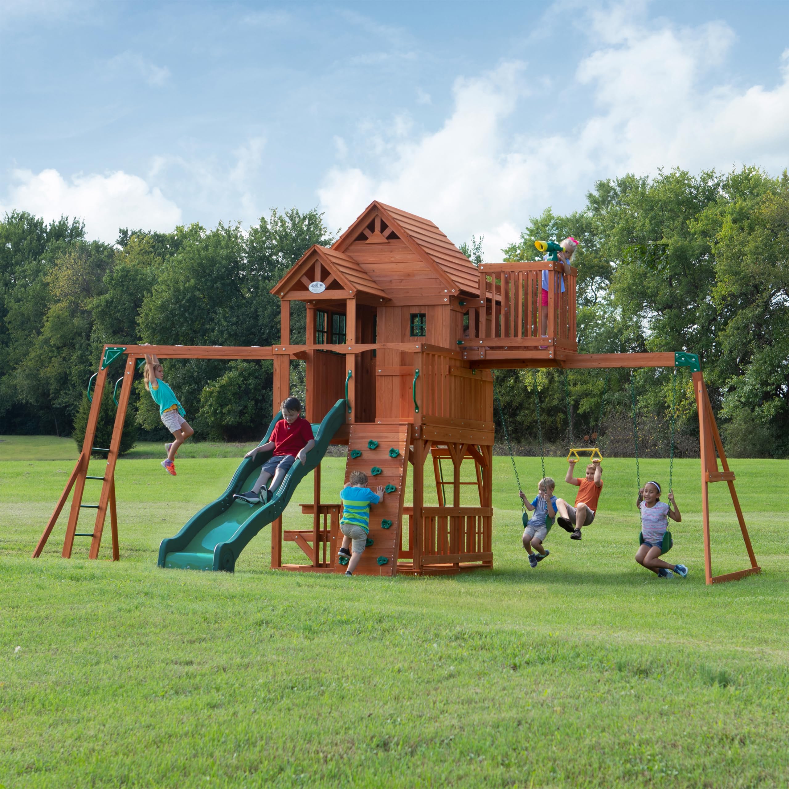 Backyard Discovery Skyfort II Parco Giochi Completo, Casetta da Giardino per Bambini | Altalene, scivolo, sabbiera, parete di arrampicata | Casetta in Legno per Bambini per uso esterno in giardino