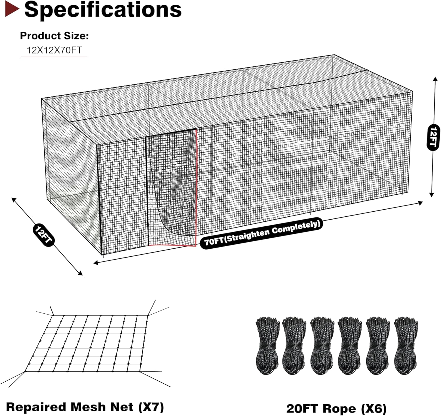 70FT Baseball Batting Cage Kit with Net – Complete Batting Cage Netting & Steel Cable Suspension System for Backyard Baseball & Softball Training, Durable DIY Batting Practice Cage