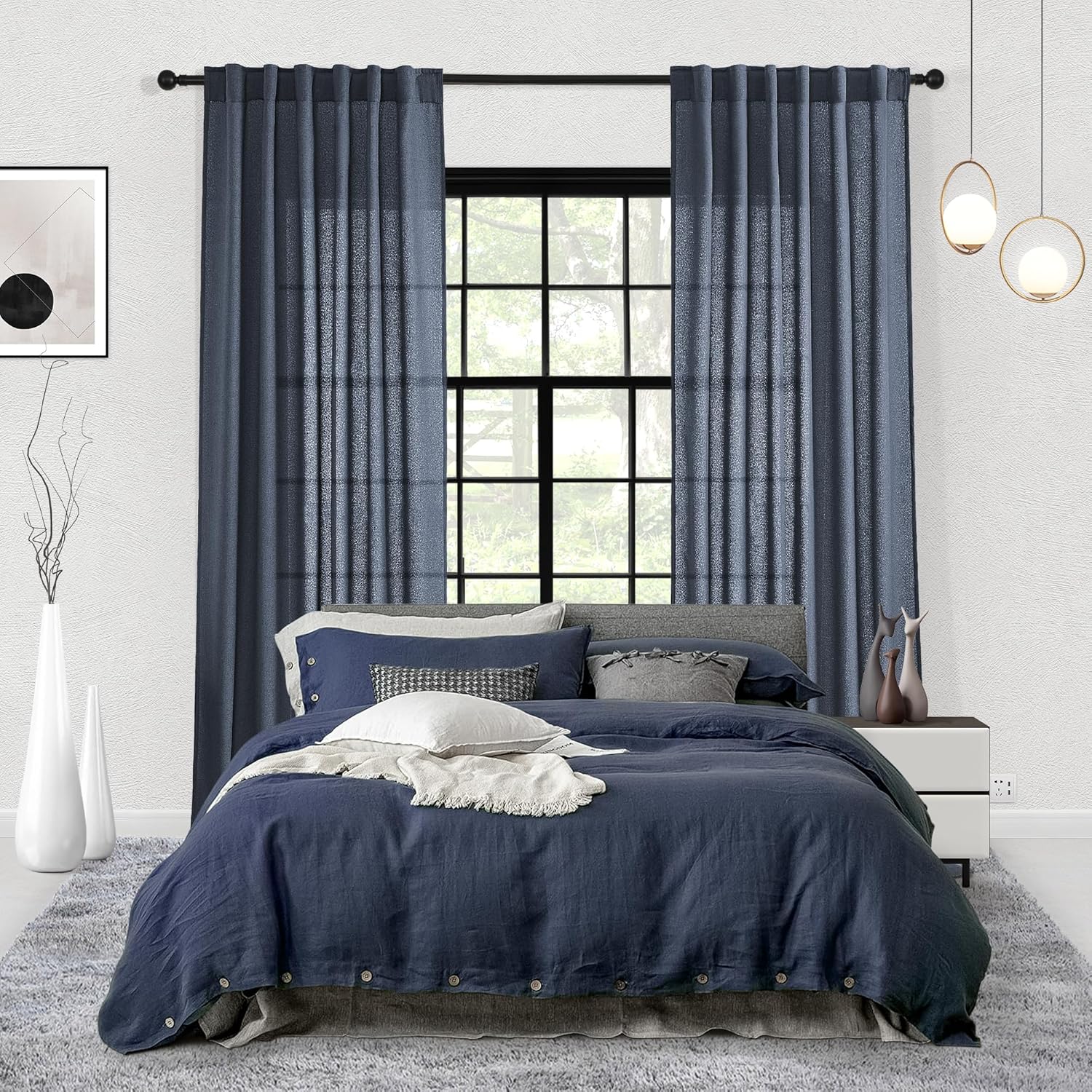 Back Tab Curtains 84 Inches Long Linen Blended Semi Sheer Curtains 2 Panels Set, Dark Blue Extra Wide Drapes for Patio Hallway Door French Window, Navy Blue Curtain 50x84 Inches Length