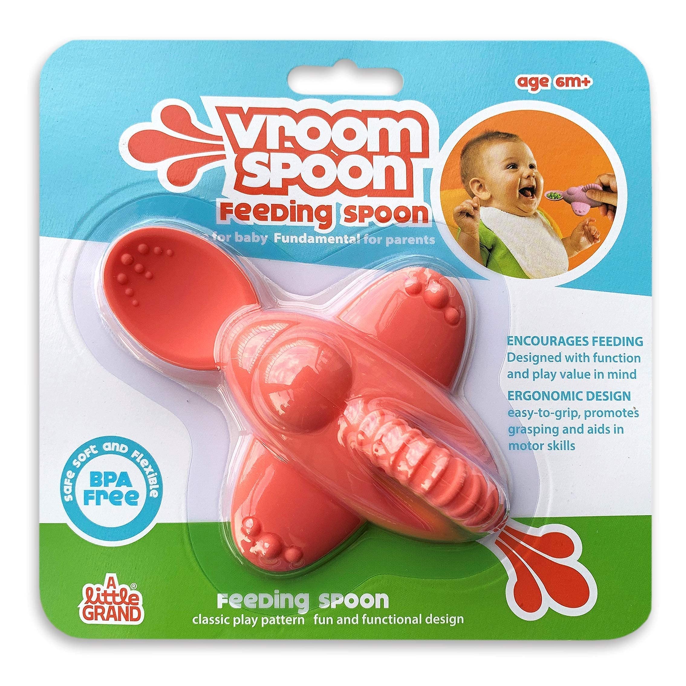 Vroom Spoon - 100% Silicone Soft Training Spoon for Spoon Feeding, Self-Feeding and Baby Led Weaning, Ergonomic Grip with Finger Slot for Easy Fun