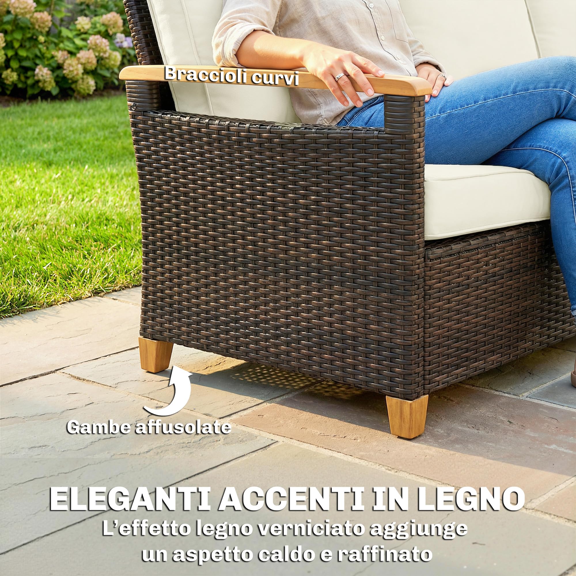 Outsunny Divanetto da Esterno a 3 Posti in Rattan PE, Divano da Giardino con Braccioli Effetto Legno, Cuscini Lavabili, Struttura in Acciaio, per Terrazzo, Patio e Balcone, Veranda, Marrone e Crema