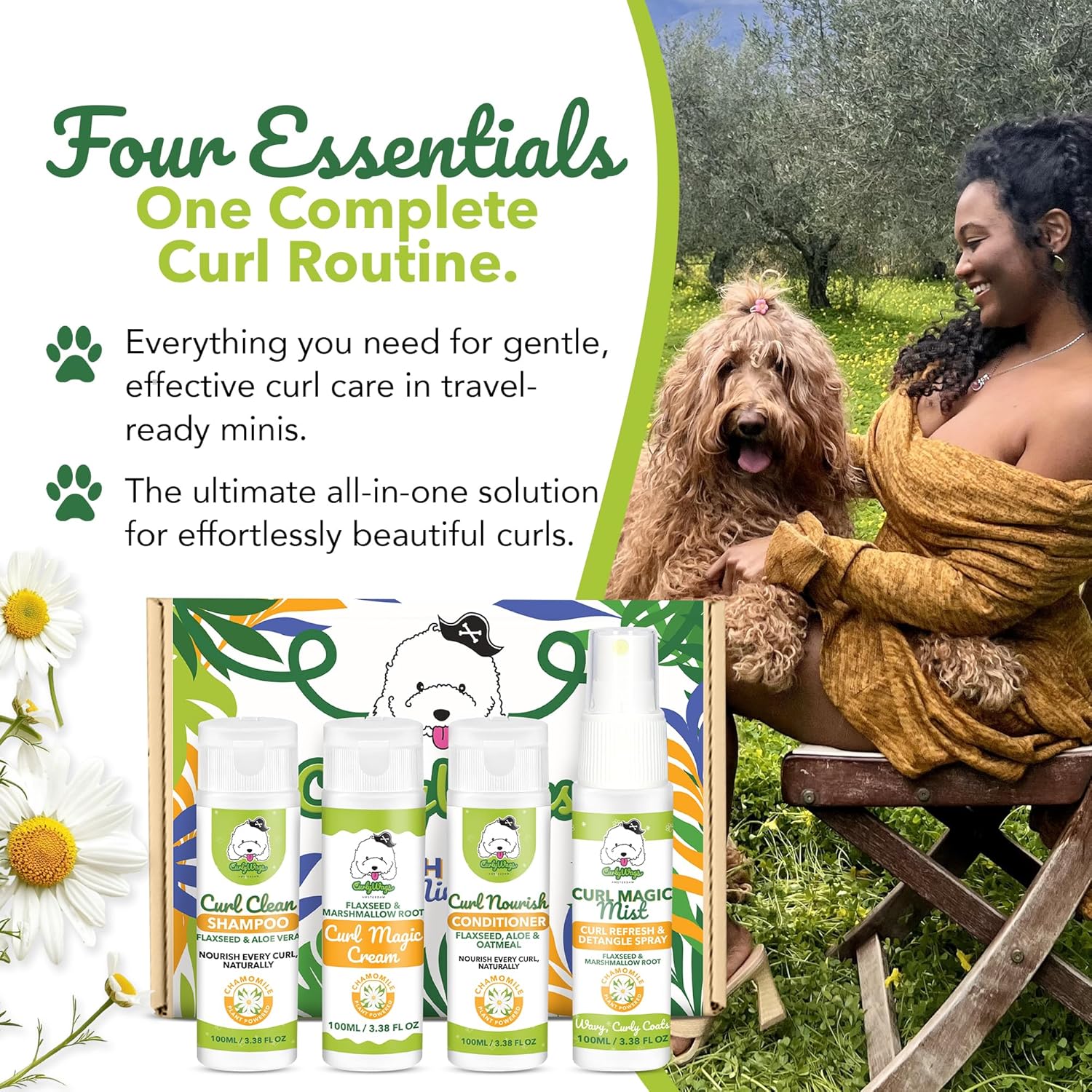 Curly Dog Grooming Kit – Travel-Size Shampoo, Conditioner, Curl Cream & Curl Refresh Detangler Spray, for Doodle, Poodle & Curly Coats, TSA-Friendly Gift Bundle (Chamomile)