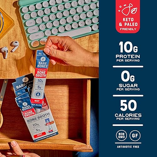 Miniatura 5 de Bare Bones Bone Broth - Mezcla de bebidas instantáneas en polvo, pollo y carne de res, paquete variado de 8, 4 pollos y 4 carne de res, palitos de