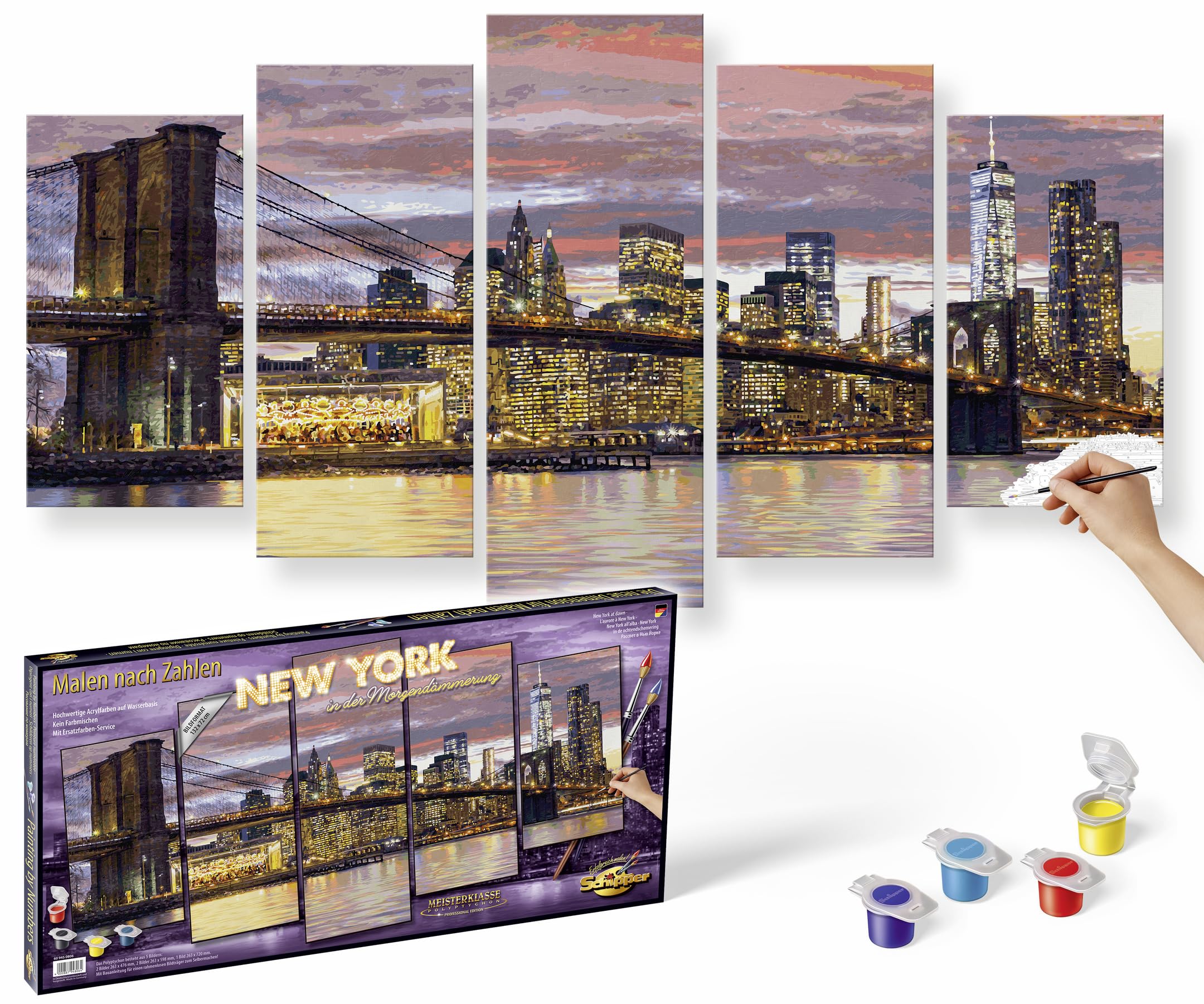 Schipper 609450806 Malen nach Zahlen - New York in der Morgendämmerung - Bilder malen für Erwachsene, inklusive Pinsel und Acrylfarben, Meisterklasse Polyptychon - Profi-Edition, 132 x 72 cm