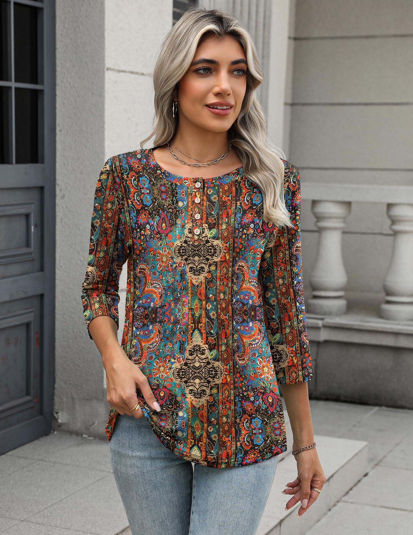 Zeagoo Koszulki damskie topy damskie z rękawami 3/4 eleganckie podstawowe bluzki Henley S-XXL