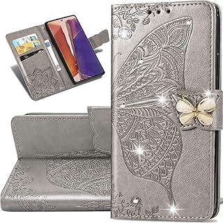 Samsung Galaxy Note 20 Ultra Wallet Case, Bling Butterfly Flower PU Leather Flip Phone Cover Credit Cards Slot Shockproof Protective Kickstand Case for Samsung Galaxy Note 20 Ultra(Rhinestone Gray)HZD