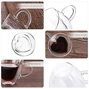 CNGLASS Mothers Day Gifts for Mom,Double Wall Heart Shaped Glass Coffee Mugs 5oz(Set of 2),Insulated Clear Tea Cups with Handle,Unique Glass Espresso Mugs for Coffee,Cappuccino,Latte,Milk