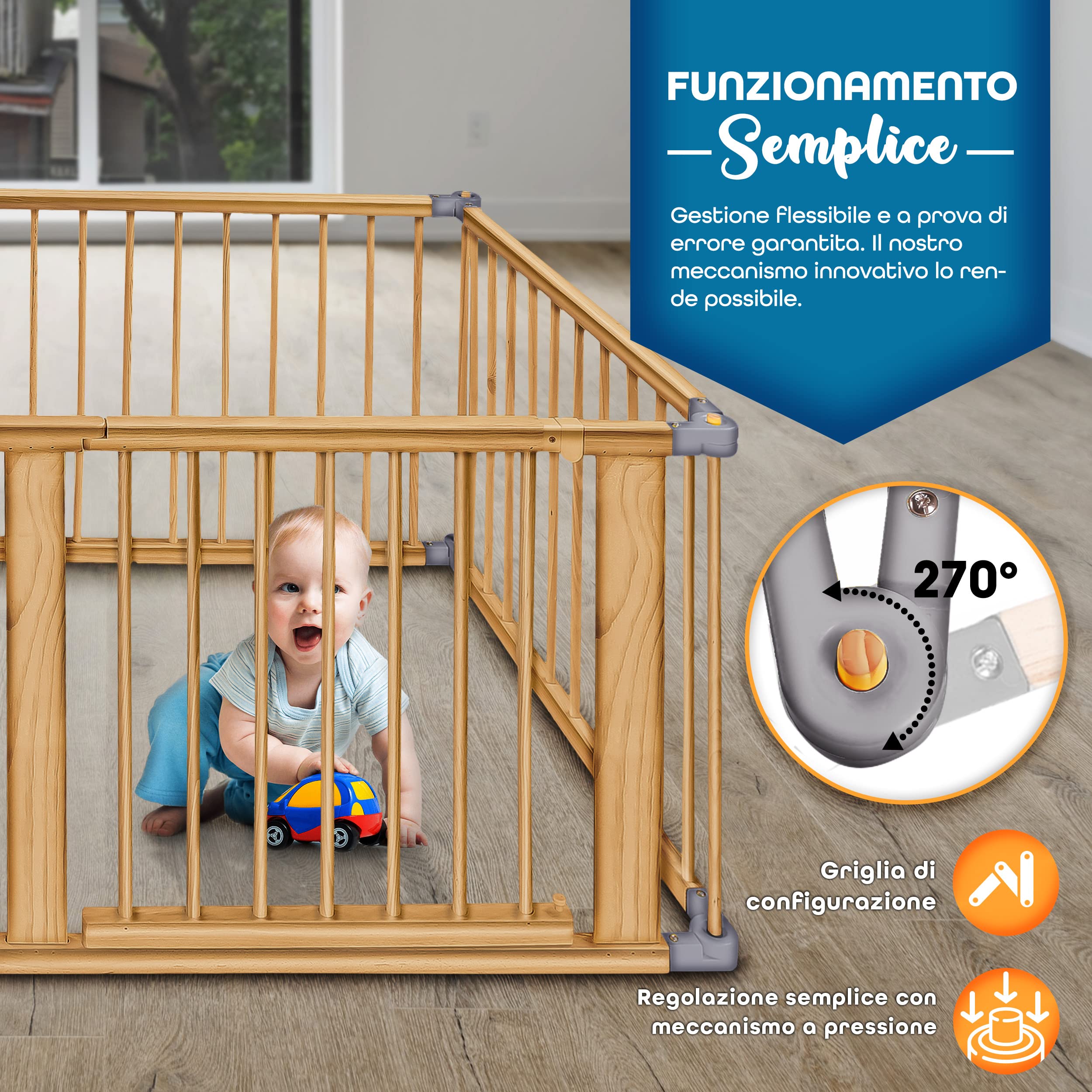 KIDUKU® XXL Box per Bambini Barriera di sicurezza di 7,2 metri, pieghevole e porta inclusa, composto da 8 Elementi, formabile individualmente recinto di sicurezza (Grigio)