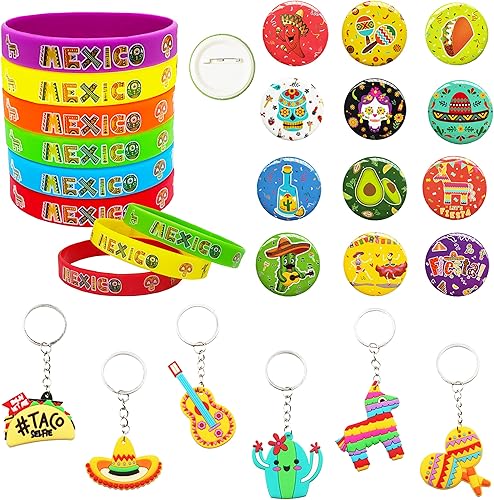 LCHH 24 piezas de recuerdos de fiesta incluye 6 pulseras de silicona 6 llaveros temáticos mexicanos 12 pines de botón Cinco De Mayo decoraciones de
