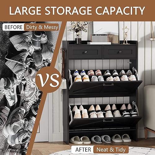 Miniatura 7 de Zapatero con 2 cajones abatibles y 2 cajones superiores, 43 pulgadas de alto, organizador de almacenamiento de zapatos estrecho de madera para