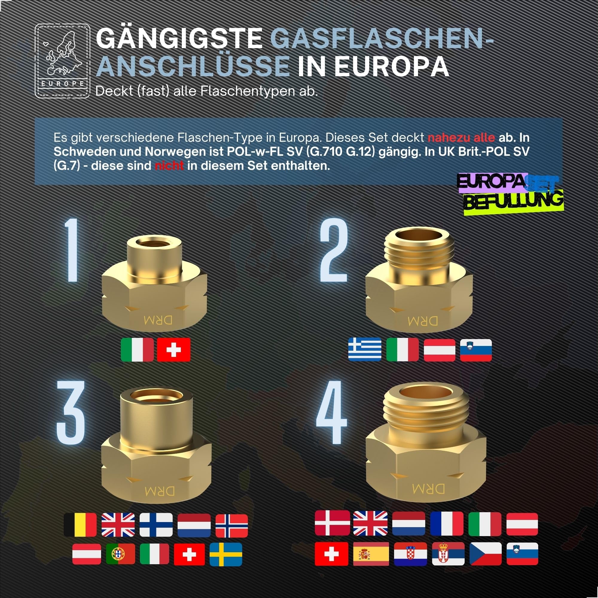 Gasflaschen Adapter Set Europa Befüllung - 4 Adapter aus Messing für deutsche Gasflaschen G.12 KLF - Anschluss ausländischer Regler und Schläuche
