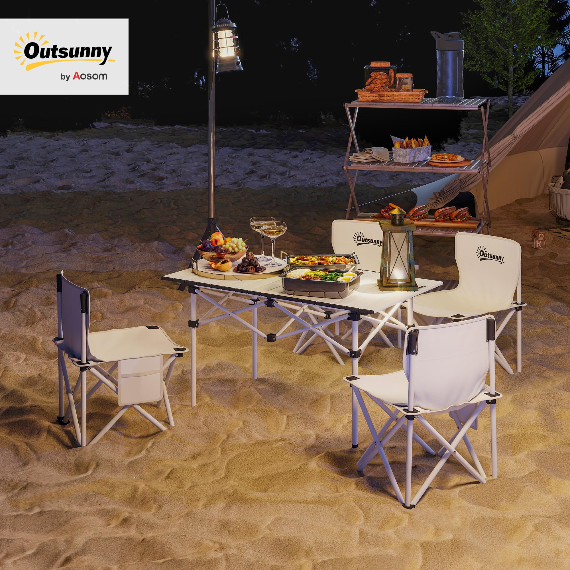 Outsunny Table de Camping avec 4 chaises Pliantes, Ensemble Table et Chaise de Camping 5 pièces avec Sacs de Transport et Poches latérales, 95 x 56,5 x 50 cm, Blanc