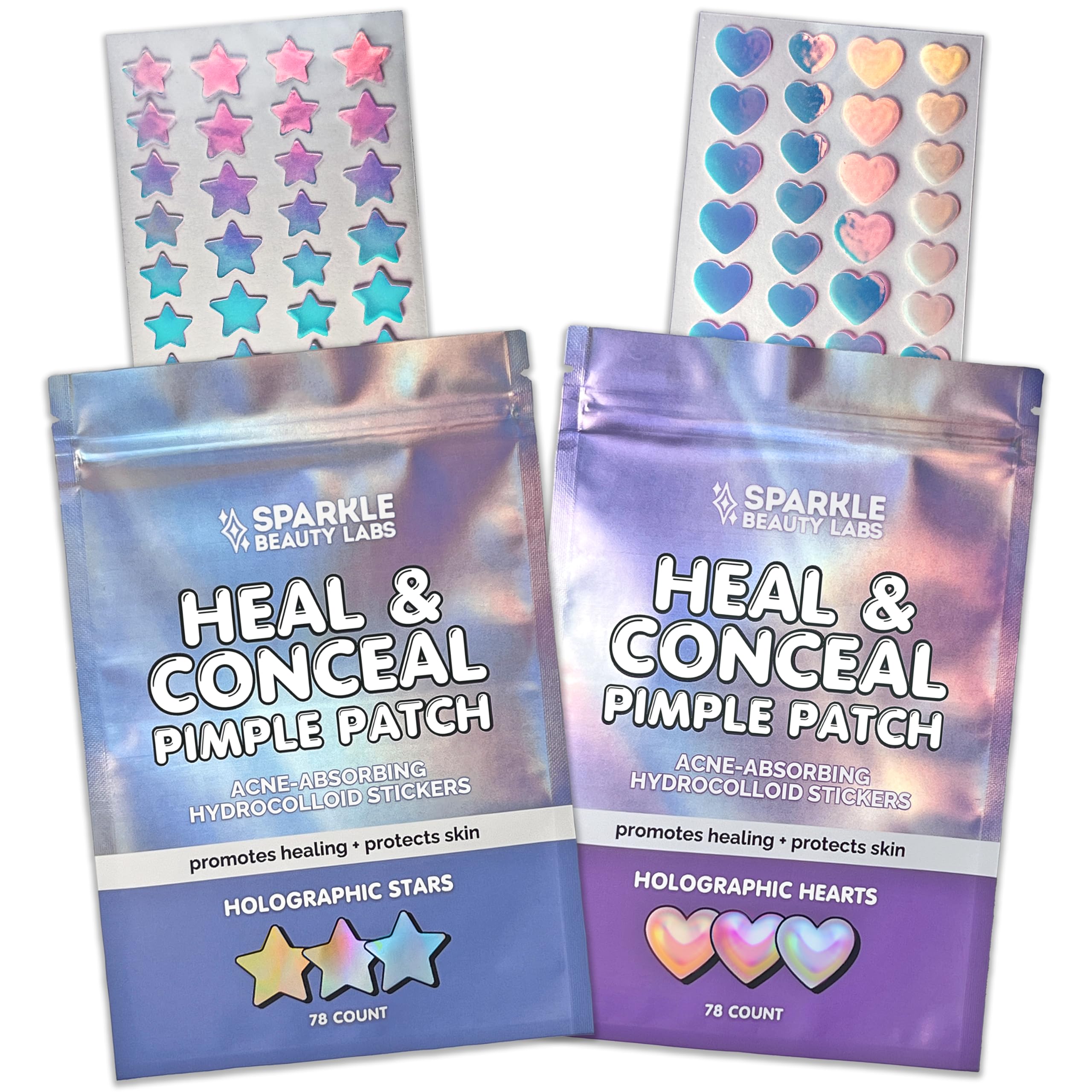 Heal Conceal Holographic Cute Pimple Patch Bundle 156 Count Iridescent Heart Star Shaped Hydrocolloid Acne Patches for Face