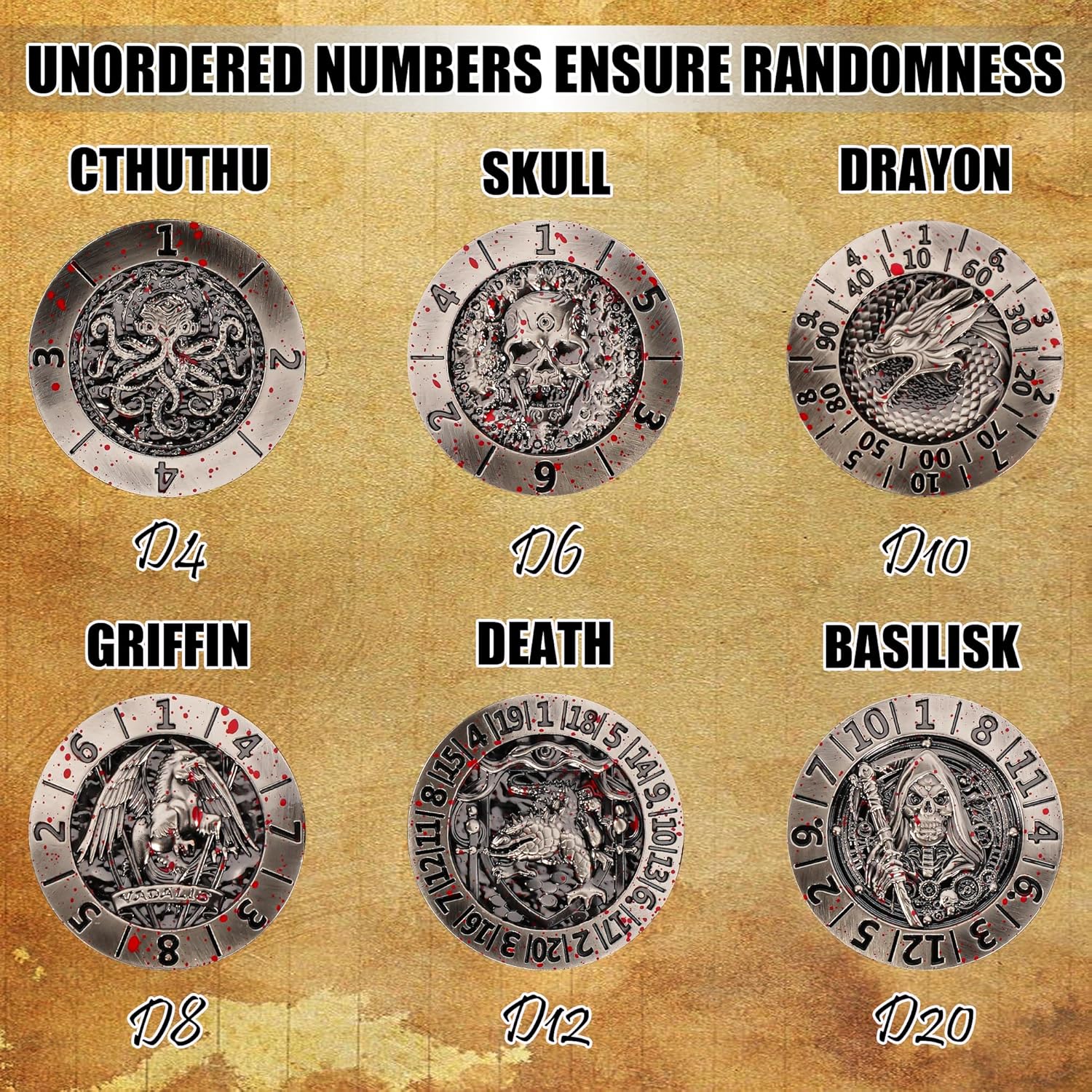 Froggod Roulette Dice Spinner 7-in-1 Metal DND Dice Set with 3D Relief – Mechanical DND Spinner for Dungeons and Dragons Gifts, DM & Players(Bloodstains)
