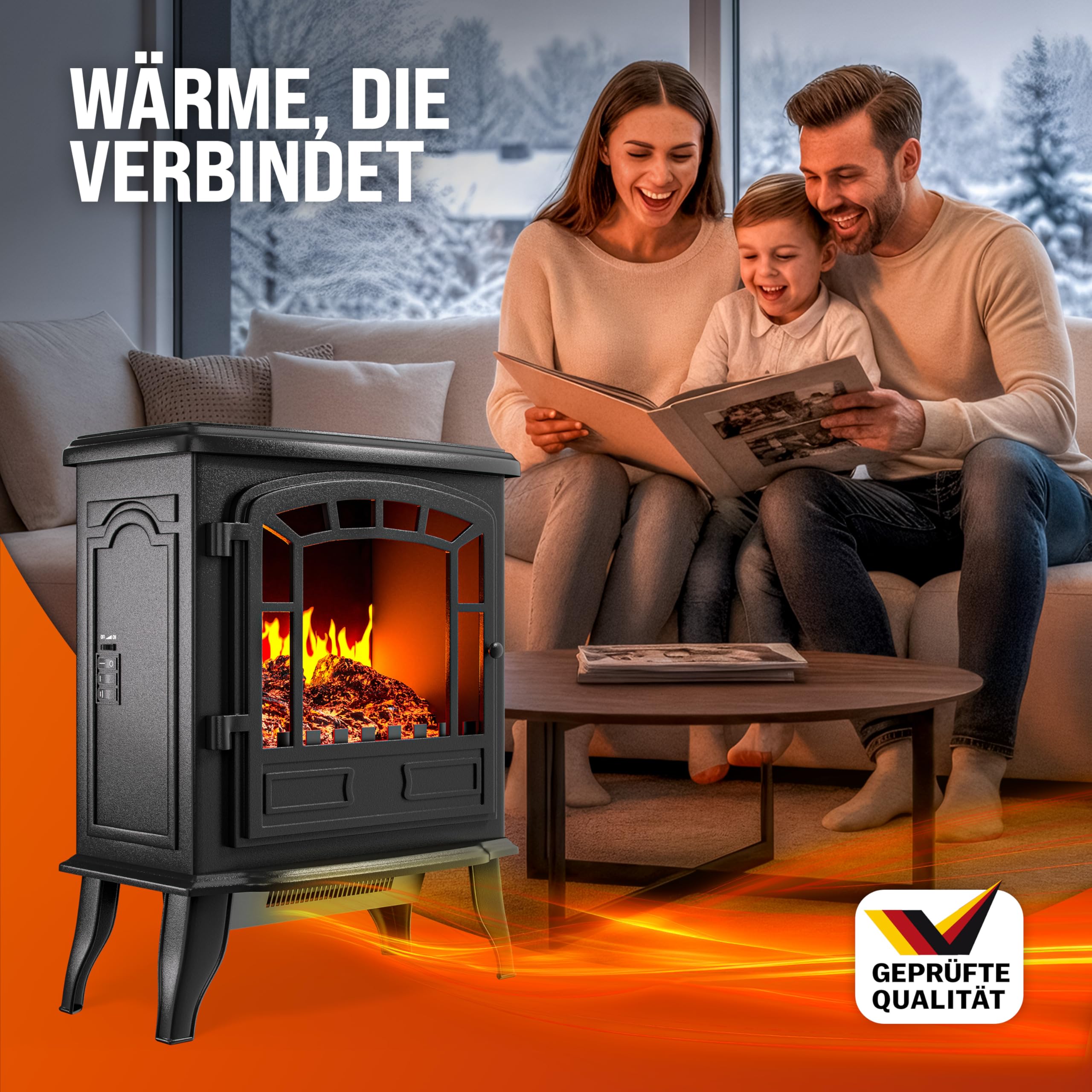 MONZANA® Elektrokamin mit LED Flammeneffekt Heizlüfter 2000W 2 Heizstufen Kamin Ofen Heizung Wohnzimmer 39x24x57cm Schwarz