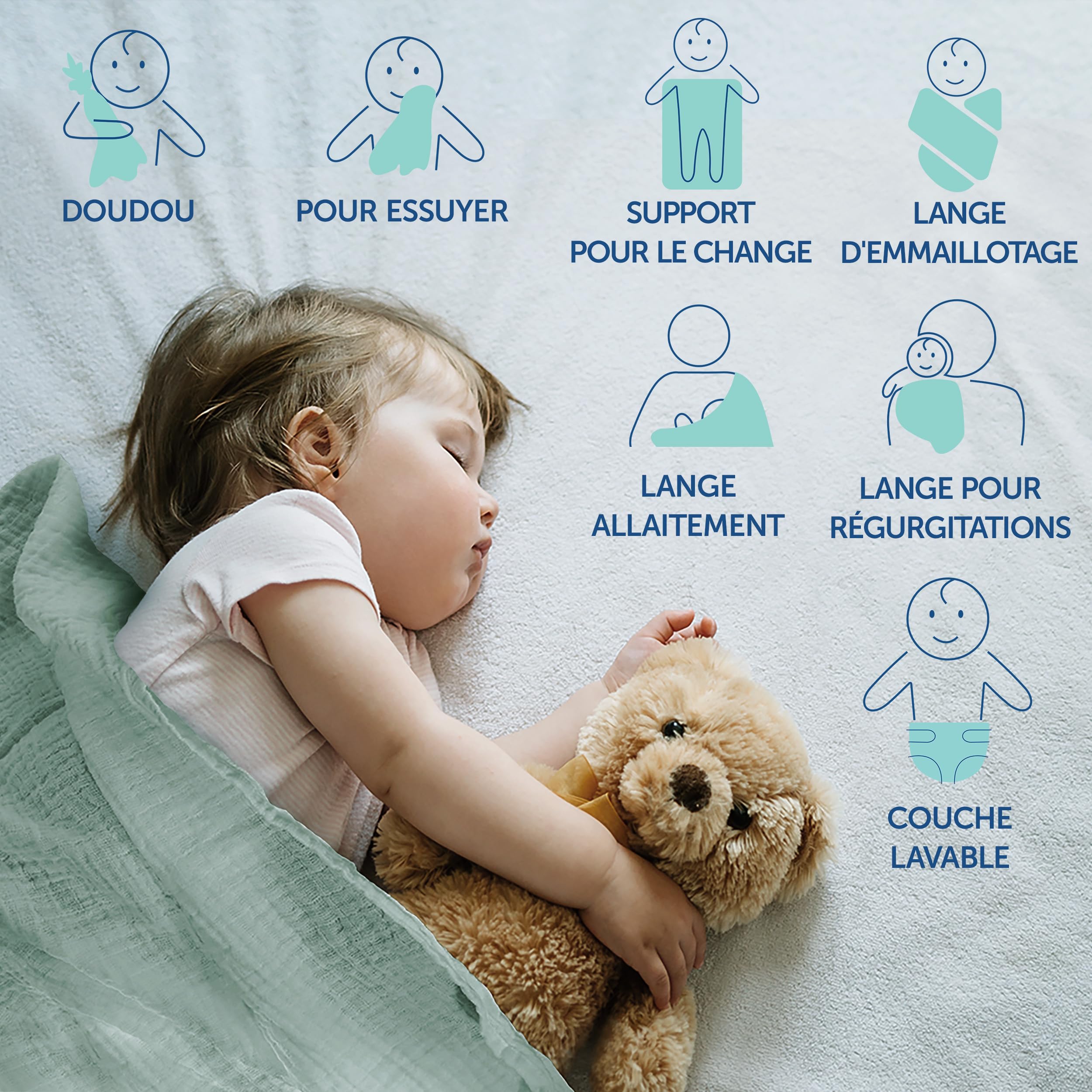 MAKIAN Lot de 8 x Lange Bebe Gaze de Coton 70x70 cm | Vert Glace, Menthe, Beige, Taupe I Certifiés OEKO-TEX Standard 100 I 8 Mousselines Double Gaze – Qualité Premium
