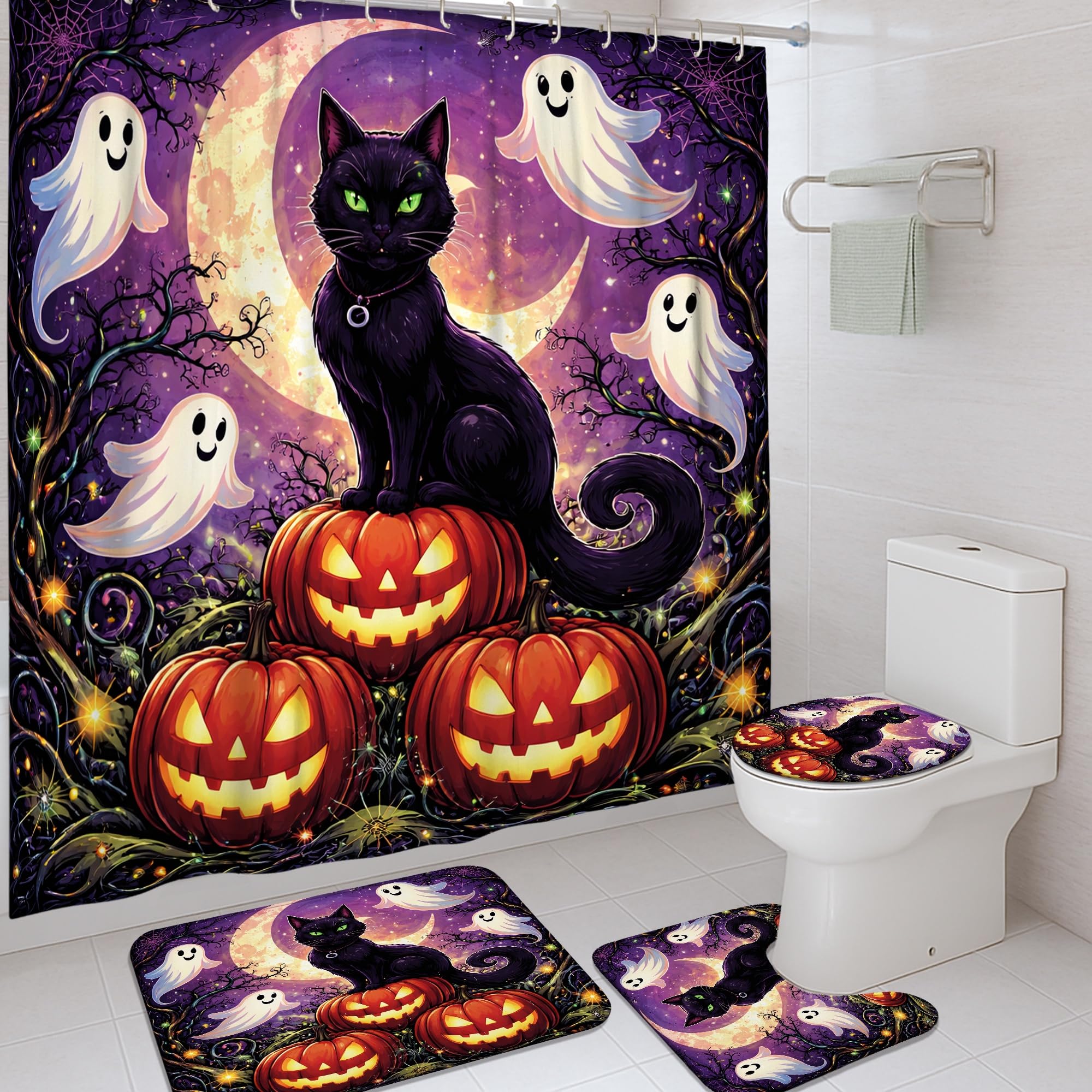 Rideau de douche polyester 183x183 cm motif chat fantôme avec tapis