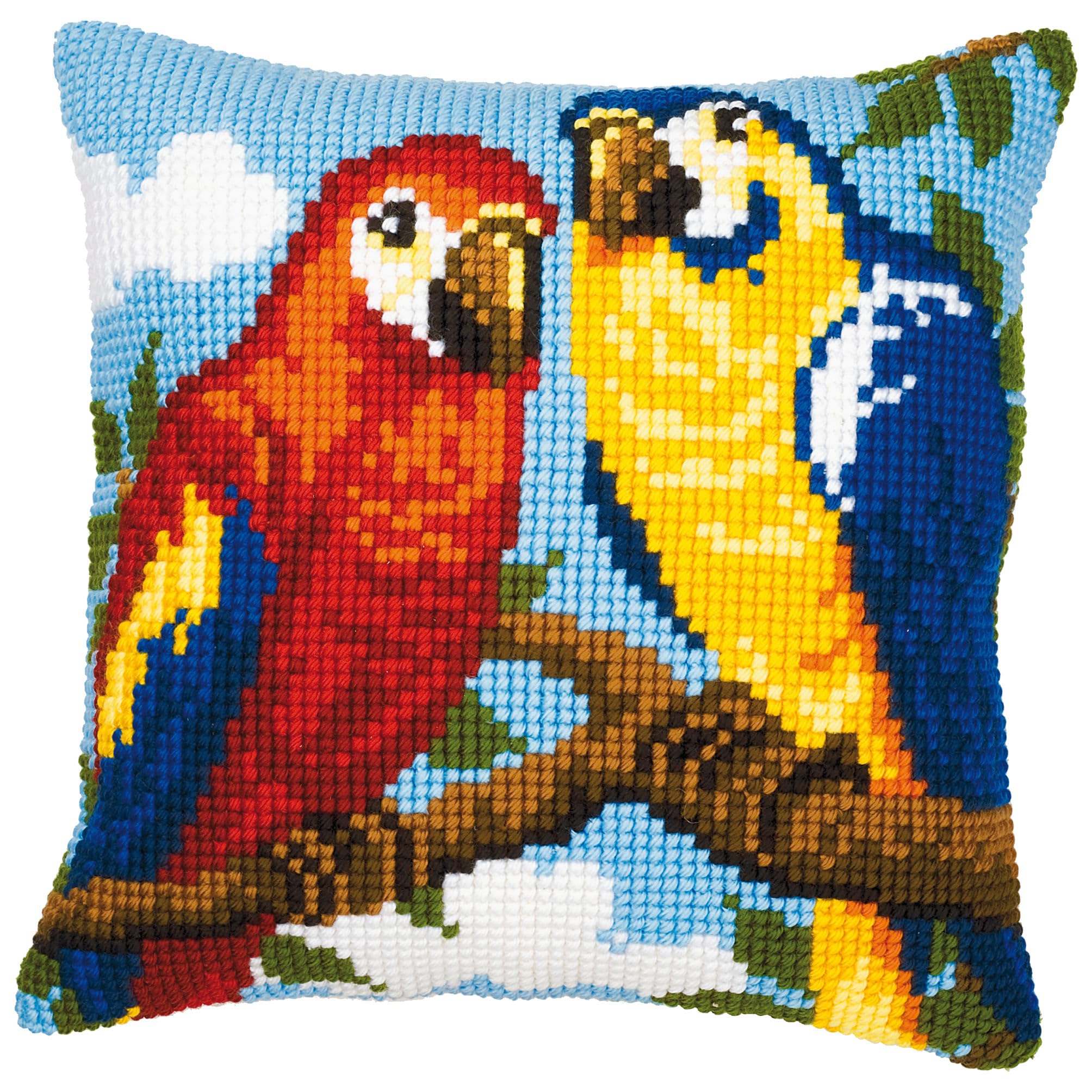 Vervaco Multi-Coloured Parrots Cross Stitch Cushion, Multi-Colour