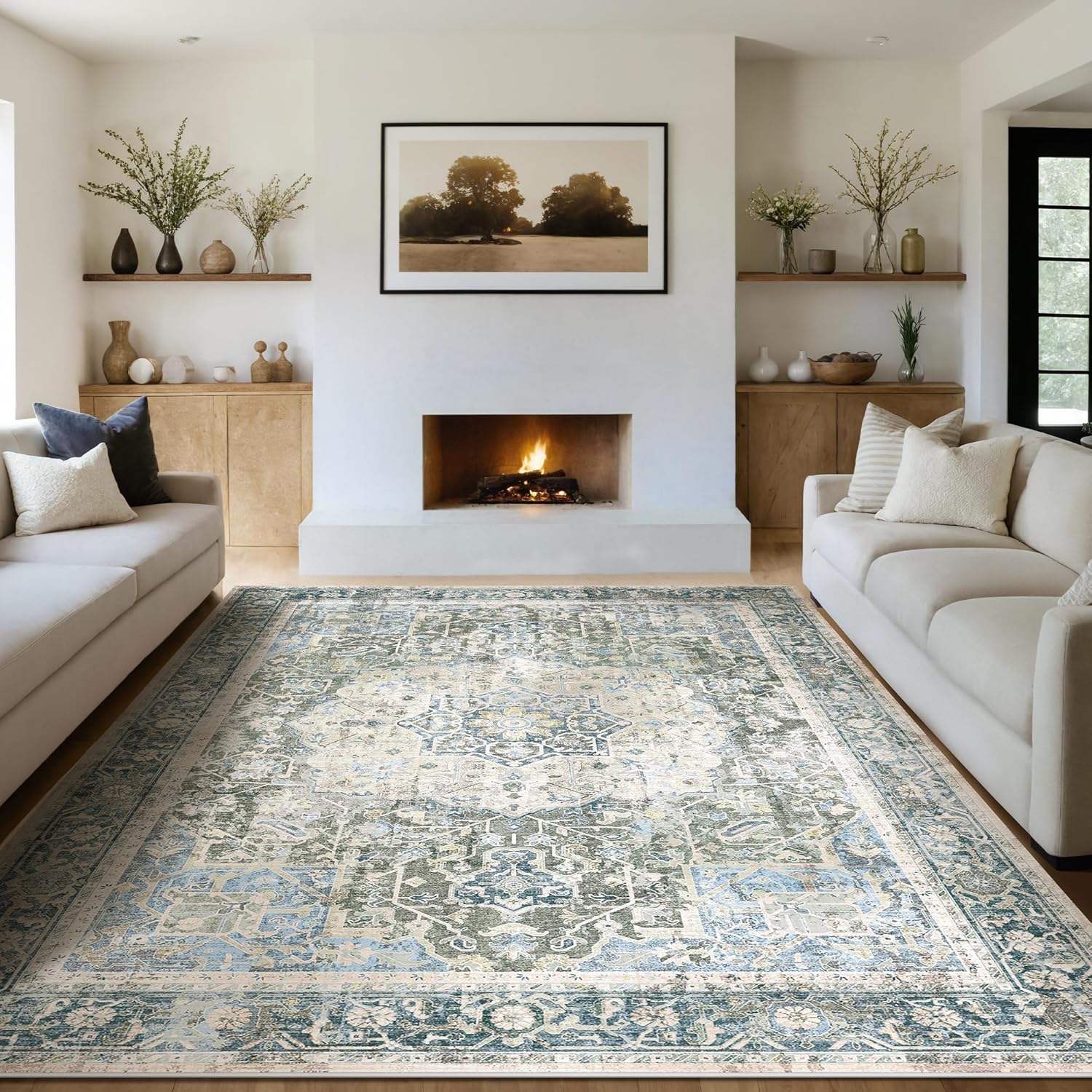 Kokia 8x10 Area Rugs for Living Room, Machine Washable Non Slip Vintage Boho Rugs, Low Pile Distressed Medallion Print Rug for Bedroom, Dining Room Blue 8 x 10 8' x 10' (Rectangular) Sage/Arctic/Ocean/Old Lace