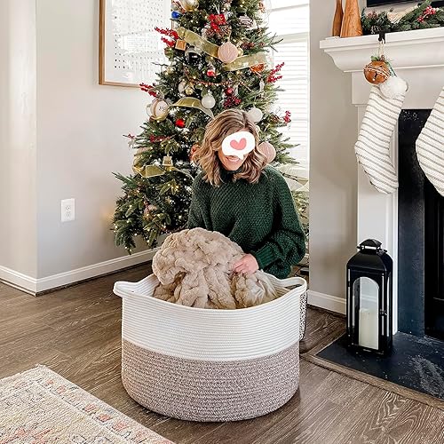 Vista 8 de INDRESSME Cesta de Cuerda de Algodón XXXLarge 21.7" x 21.7" x 13.8" Cestas Tejidas para Ropa de Bebé Cestas de Mantas Cesta de Juguetes con Textura