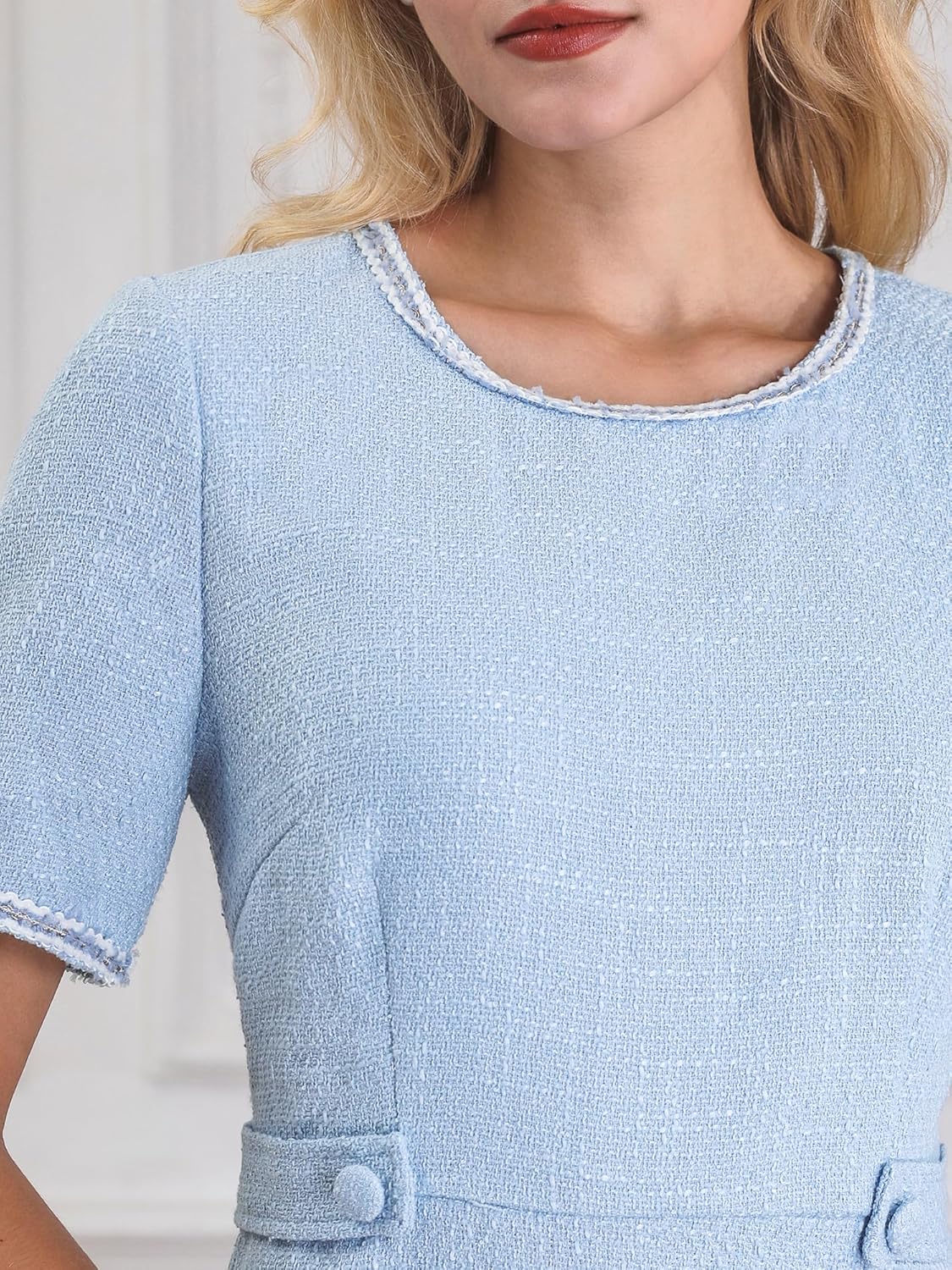 Women's Tweed Dress Short Sleeve Crew Neck Elegant A-Line Dresses with Pocket