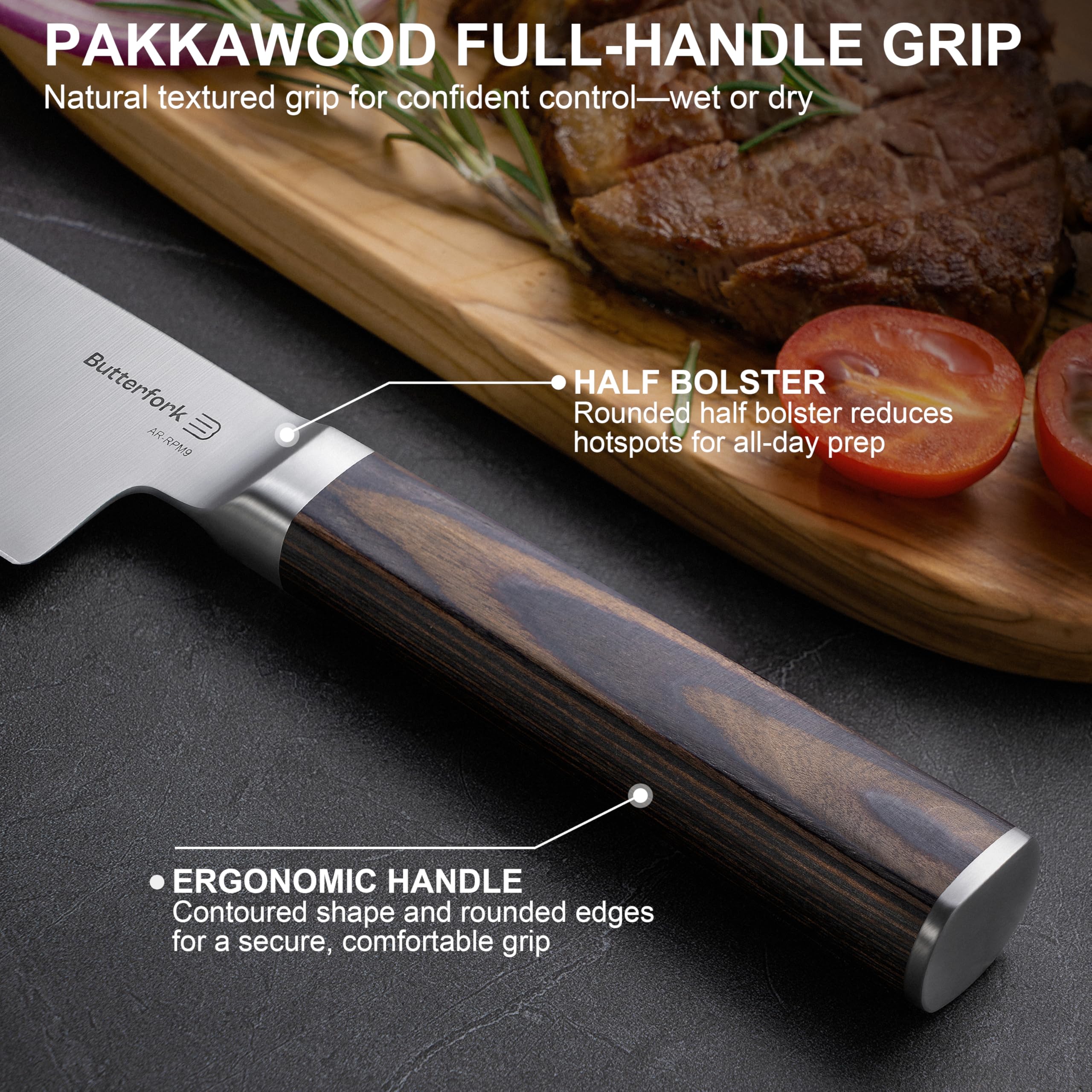 8 Inch Chef Knife, AR-RPM9 Steel, Pakkawood Handle Utility Knife — Amazon image 4