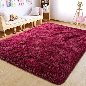 4x6 Rug - Non-Slip Rugs for Living Room - Height Pile 1.4" Plush Rug - Fluffy Throw Carpet for Bedroom - Burgundy