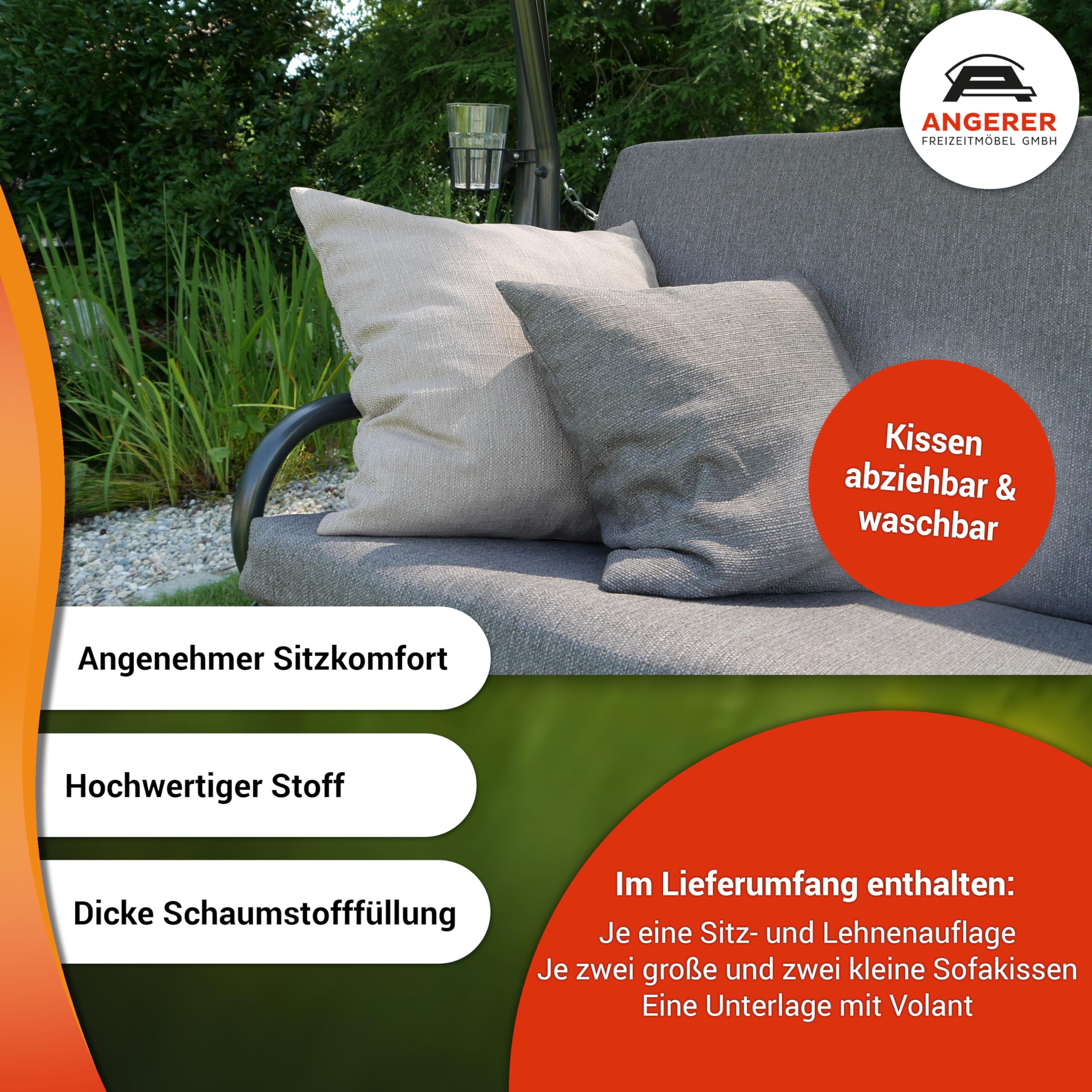 ANGERER Freizeitmöbel GmbH Hollywoodschaukel Auflage Drift Smart - passend für viele 3-Sitzer Hollywoodschaukeln - Schaukelauflage Made in Germany (Hellgrau)