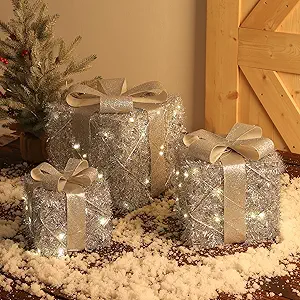 Garveehome Set of 3 Christmas Lighted Gift Boxes, Pre-Lit Gift Present Boxes with Ribbons and Bows, Light Up Xmas Ornaments for Indoor Outdoor Christmas Tree, Home, Yard, Lawn, Silver