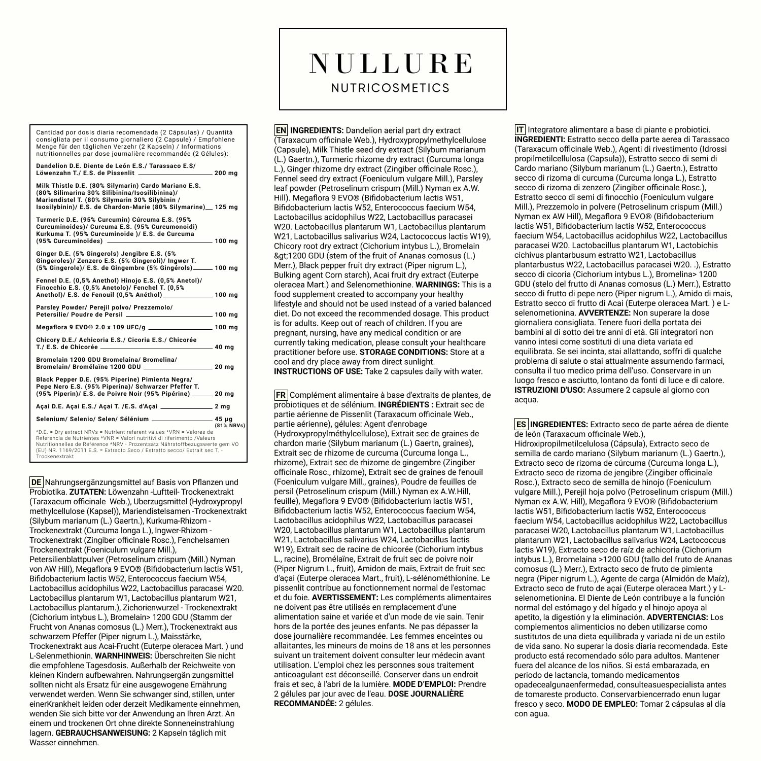 Nullure Natural Detox Depurativo Hígado y Colon | Limpieza Intestinos + Digestión | Vegano | Cardo Mariano + Probióticos + Diente de León + Açaí + Cúrcuma + Selenio | 120 cápsulas (2 meses)