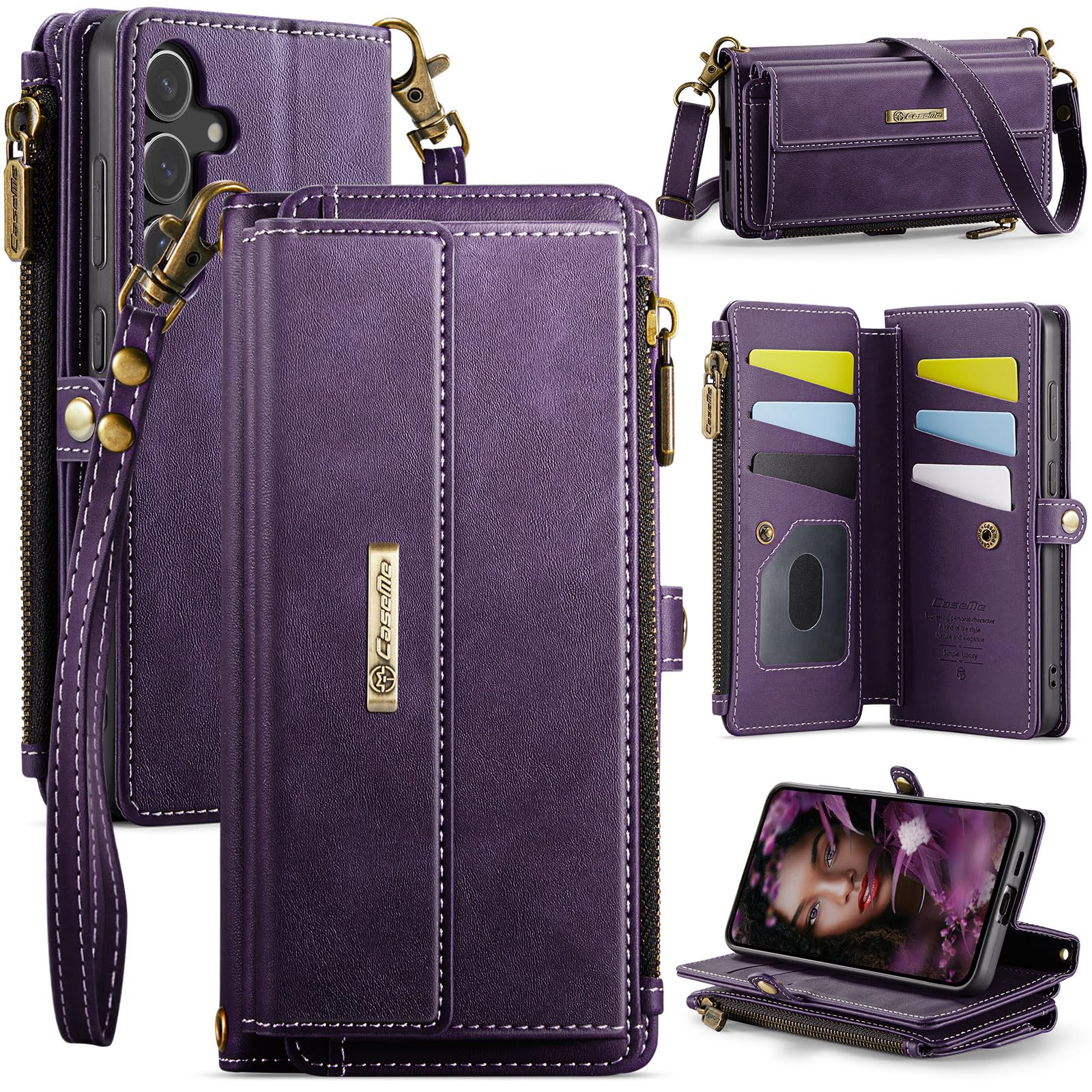 AUPAI for Samsung Galaxy S24 Wallet Case with Crossbody and Wrist Strap for Women Girls,Fashion PU Leather RFID Blocking Kickstand Flip Folio Phone Cover with Card Holder and Zipper Purple