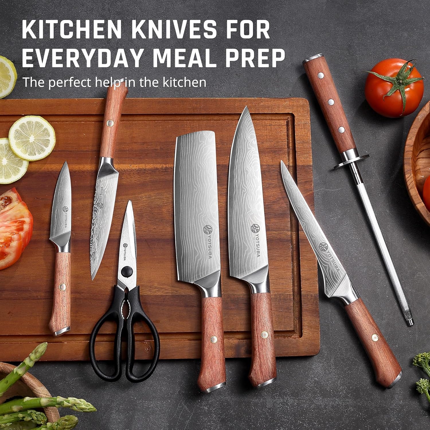 YOTSUBA Kitchen Knife Set, 8 PCS Knife Set with Block, High Carbon Stainless Steel Chef Knives Set, Sharp Knives Set for Kitchen, Japanese Knife Set with Ergonomic Rosewood Handle - Image 3