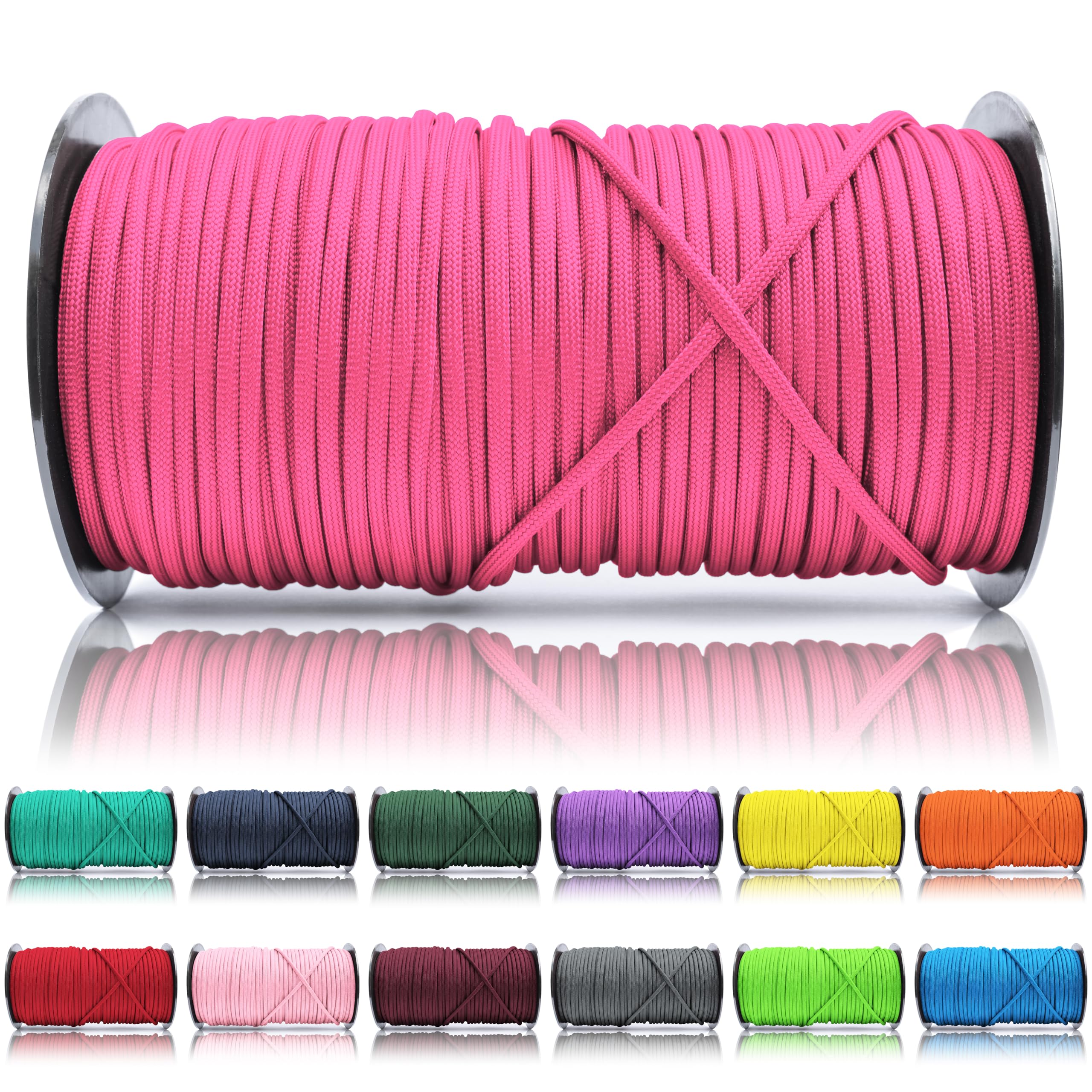 Ganzoo Paracord 550, Cuerda de 4 mm, 100 Metros, Poliéster, Tipo 3-7 Hilos Interiores, Correa de Perro Collar Pulsera, Camping Supervivencia y Cuerda Multiusos al Aire Libre, neón Magenta