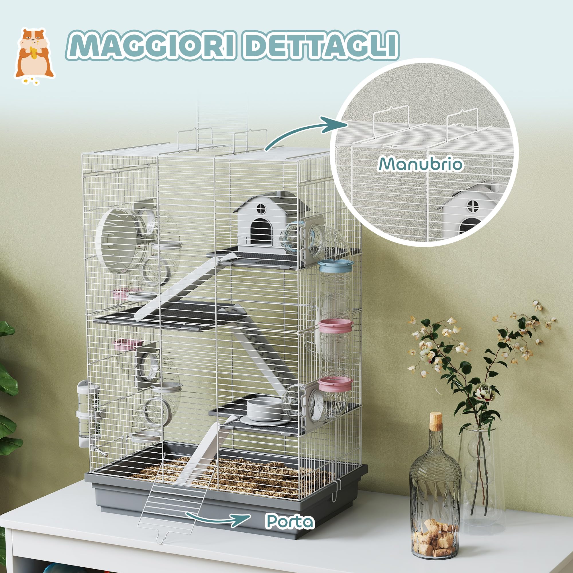 PawHut Gabbia per Criceti 4 Livelli 2 Ruote Silenziose 47x30x70cm Grigio | 16 Tubi, Casetta, Rampa, Ciotole, Serbatoio per l'Acqua, Vassoio Antigoccia, Gabbietta per Criceti, in Metallo e Plastica