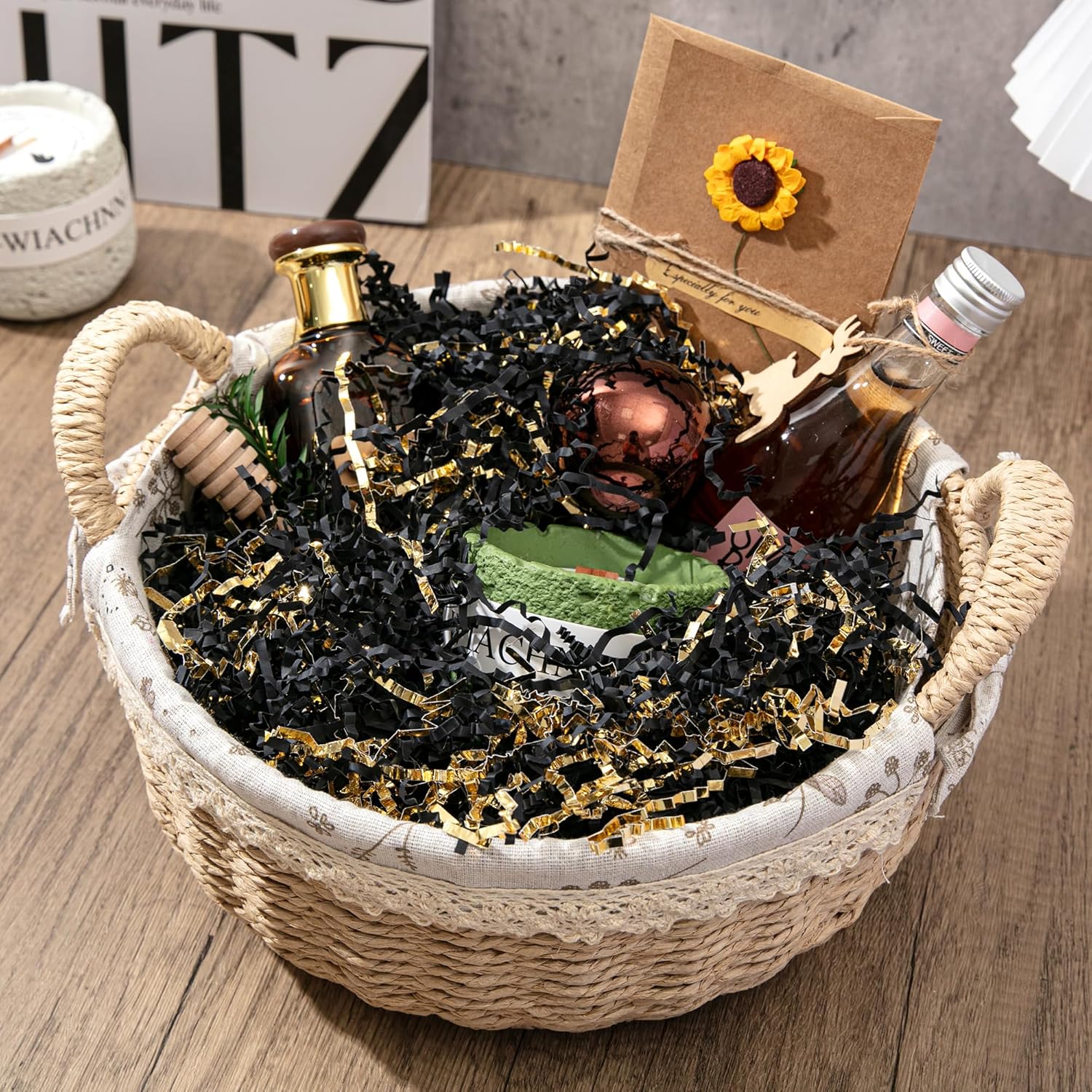 Mefleet 2 LB Crinkle Cut Paper Shred Filler Black & Gold Crinkle Shredded Paper for Gift Box - Gift Basket Bag Filler - Grass Cushion Stuffing for Christmas Holiday Packaging Wrapping