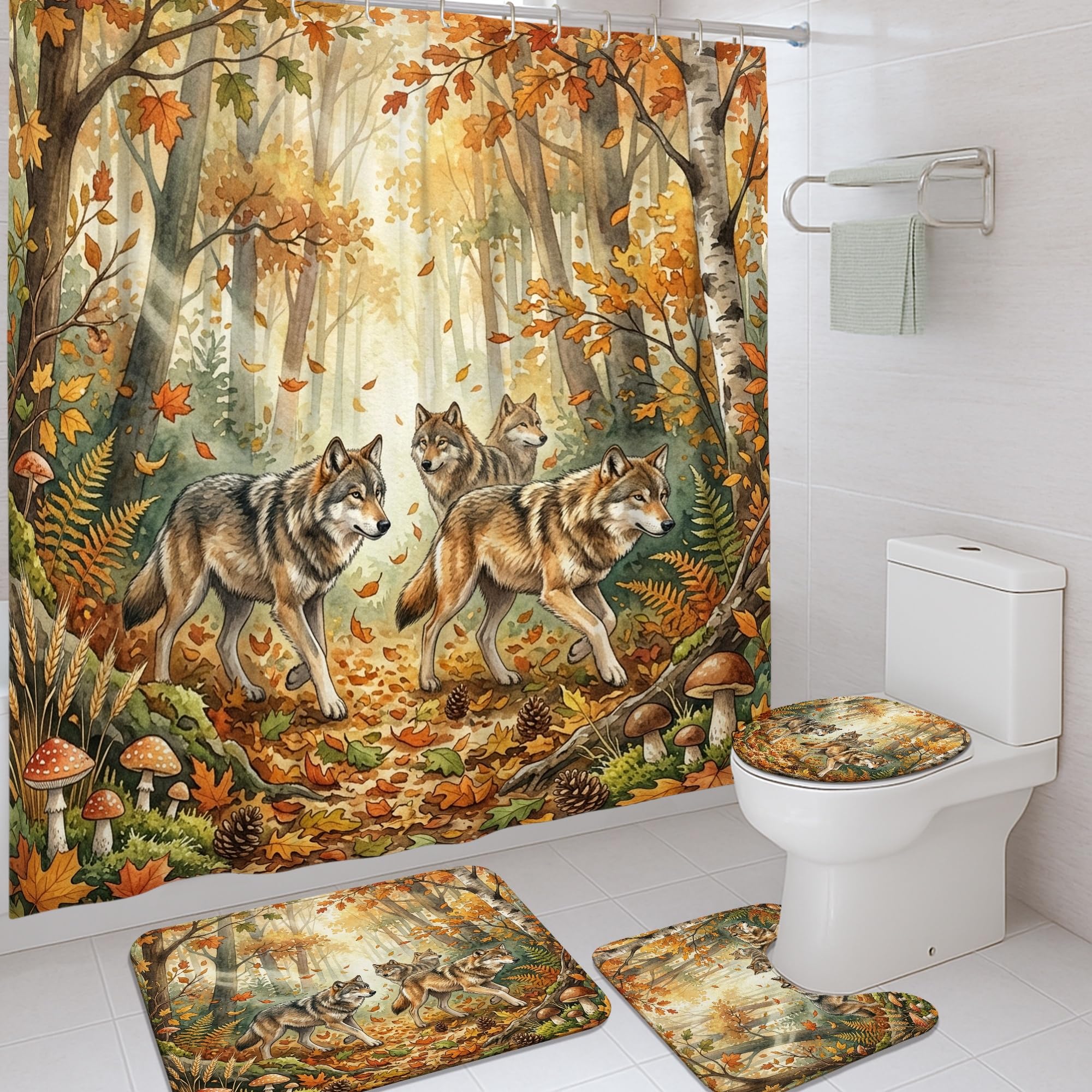 Rideau de douche loup en toile épaisse 183x183 avec crochets et tapis