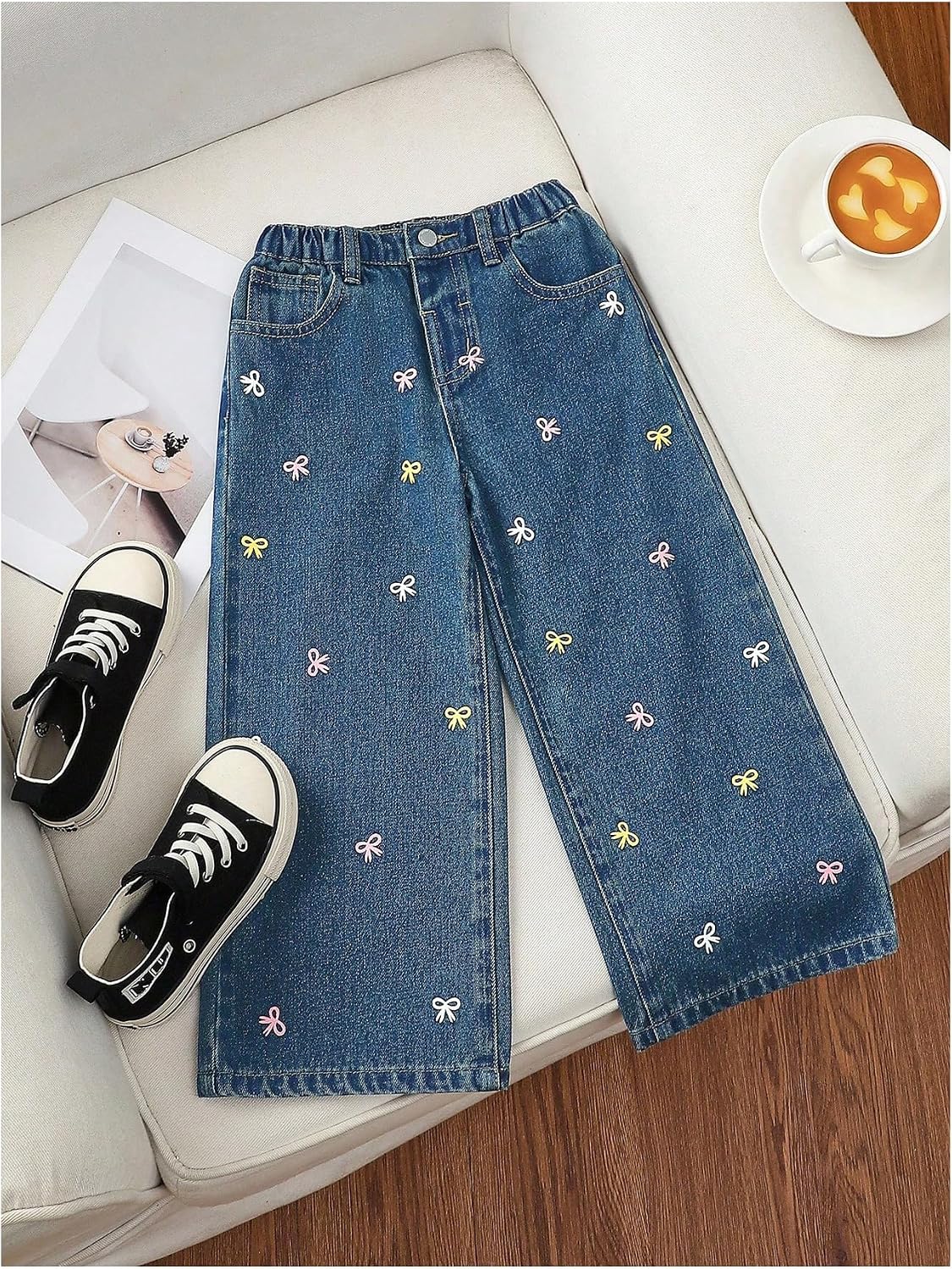 OYOANGLE Toddler Girls's Bow Embroidery Wide Leg Jeans High Waist Y2K Baggy Denim Pants with Pockets