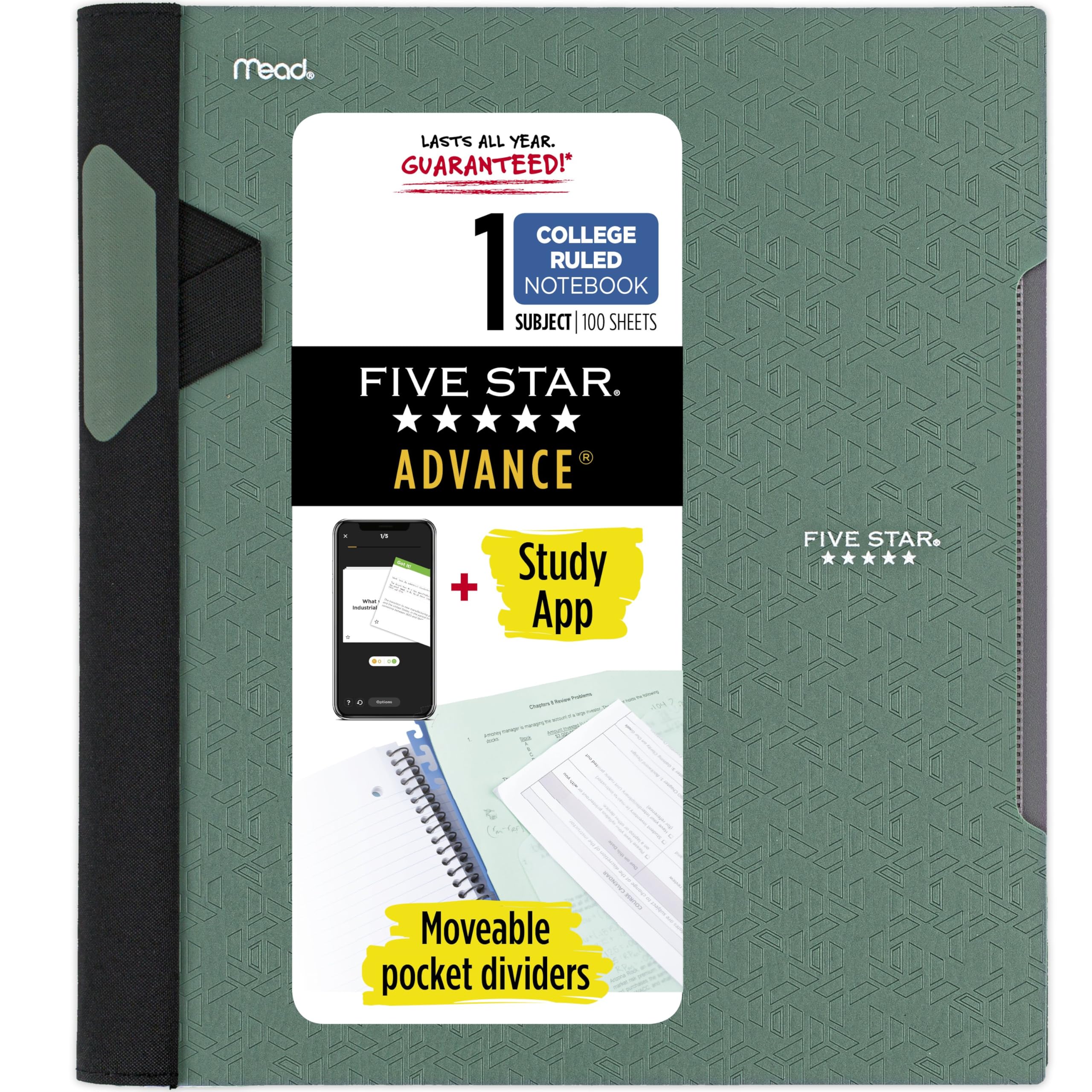 Five Star Advance Spiral Notebook + Study App, 1 Subject, College Ruled Paper, 8-1/2" x 11", 100 Sheets, Spiral Guard, Movable Tabbed Dividers, Seaglass Green (820012C-ECM)